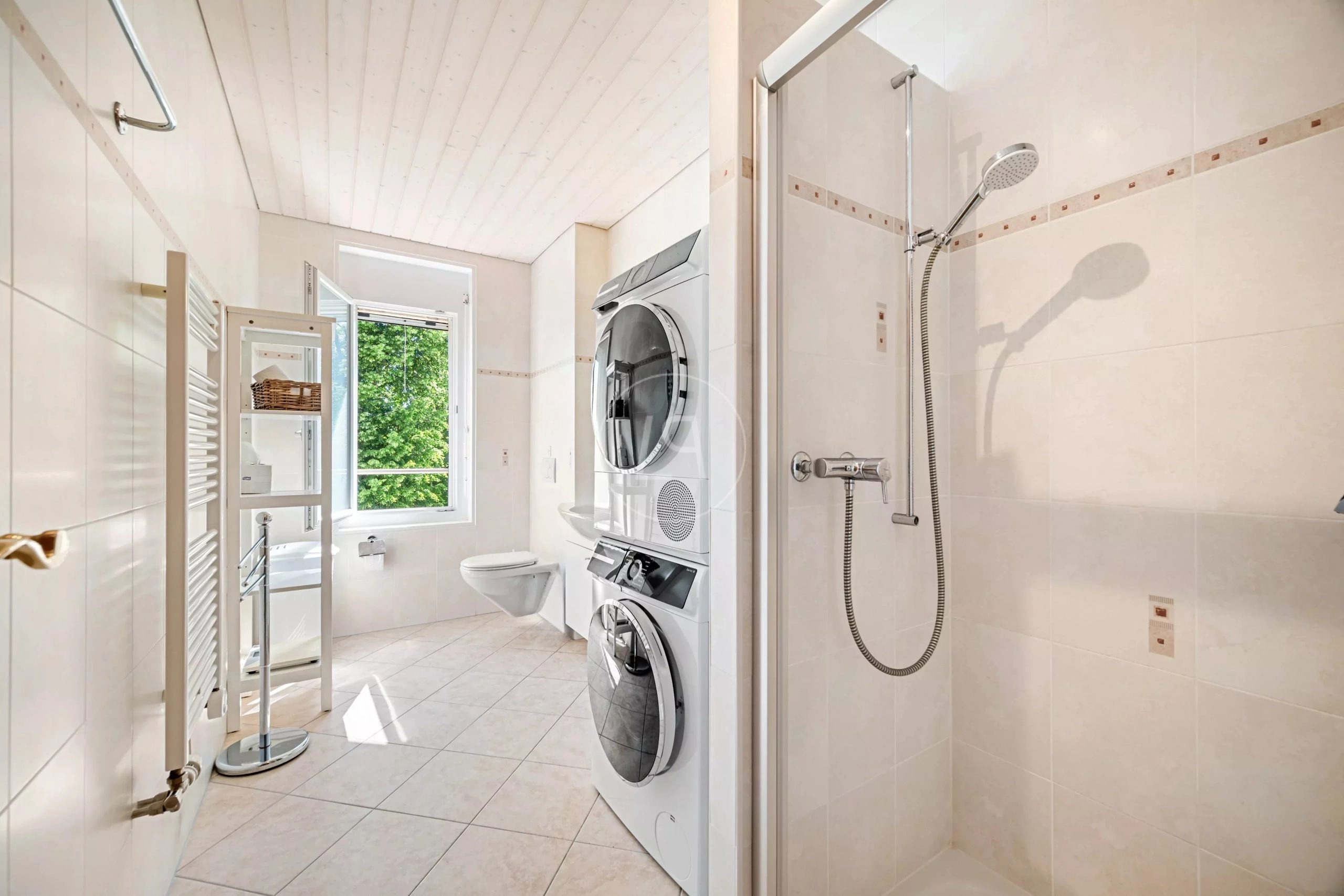 Heller Hauswirtschaftsraum mit Dusche