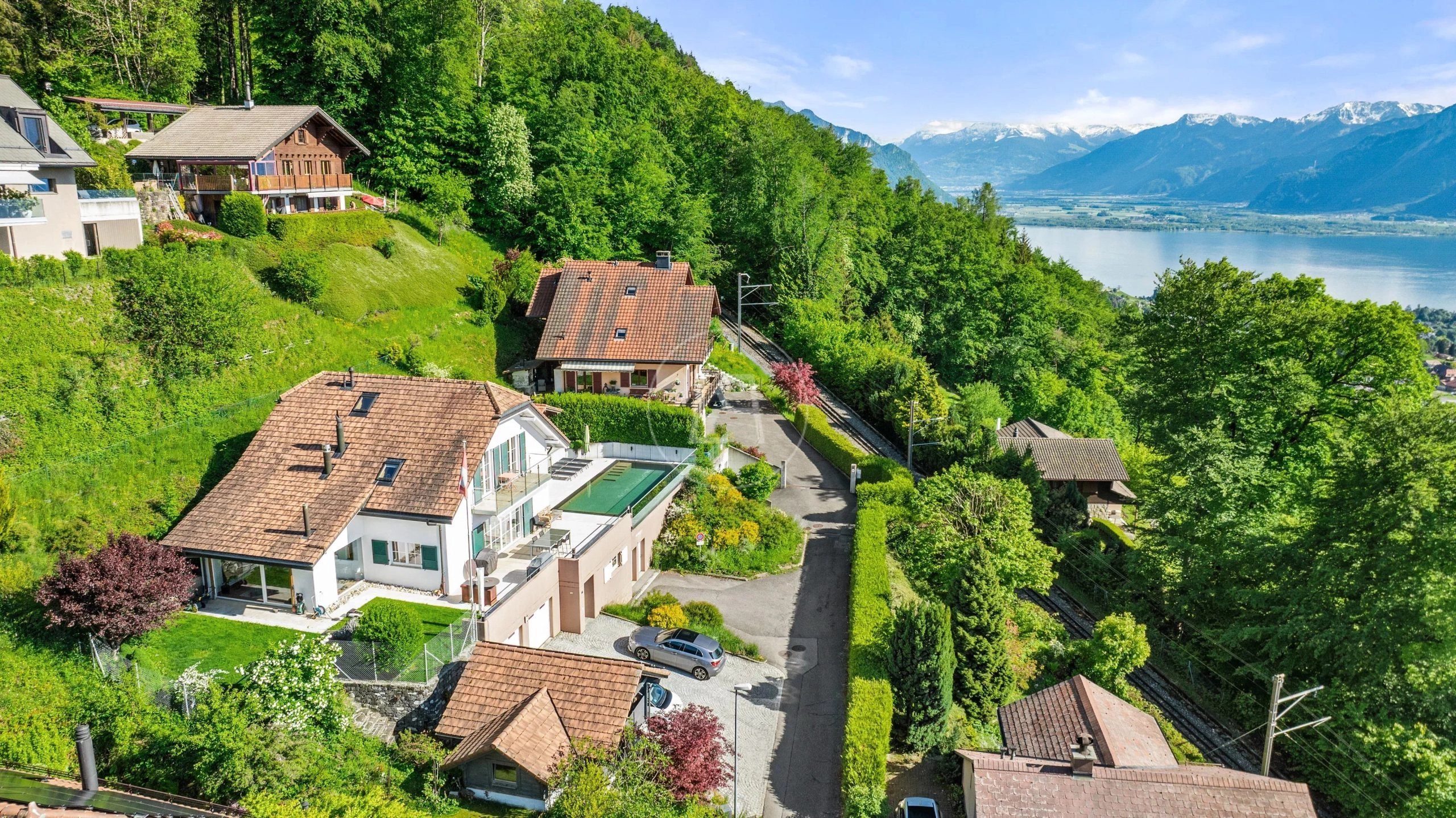 Alpenhügel mit Villen und Seeblick