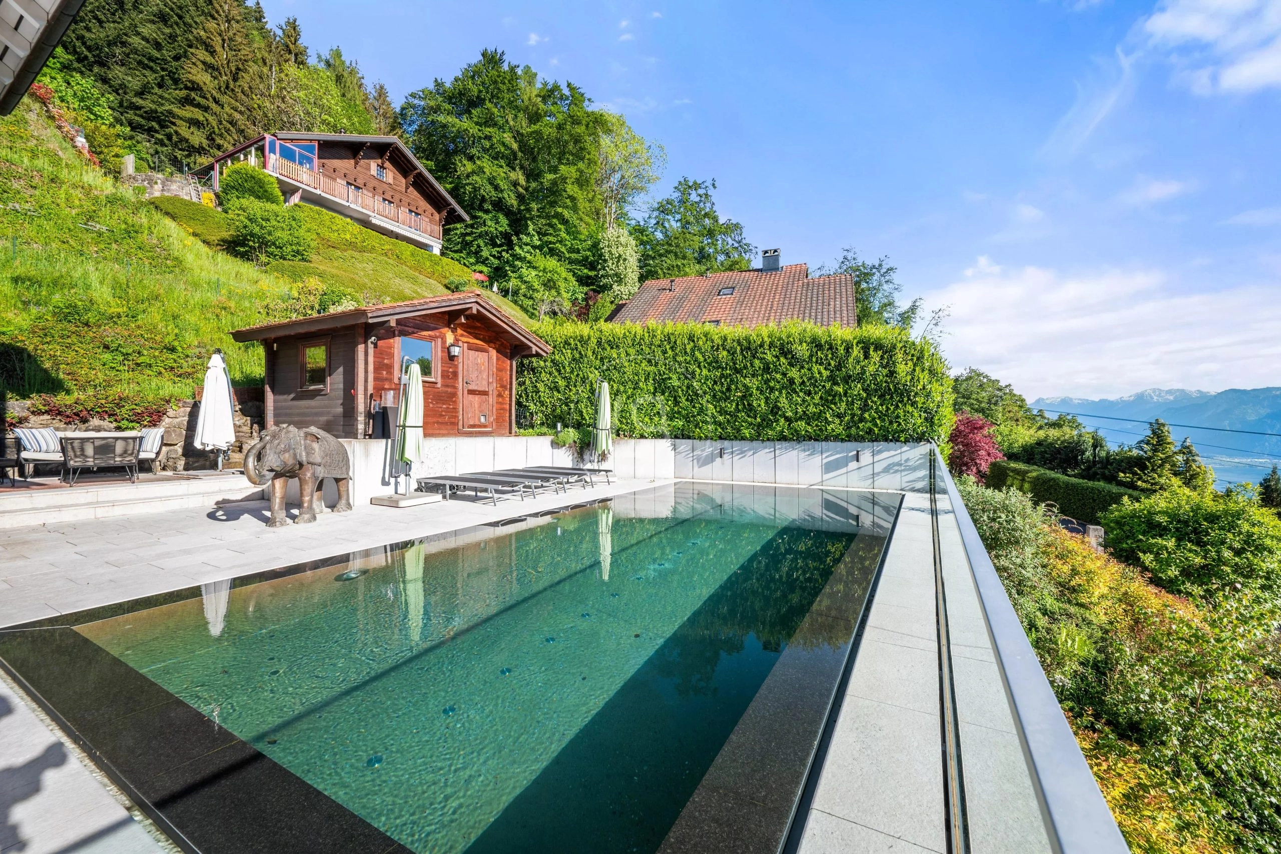 Außenbereich mit Pool und Alpenblick