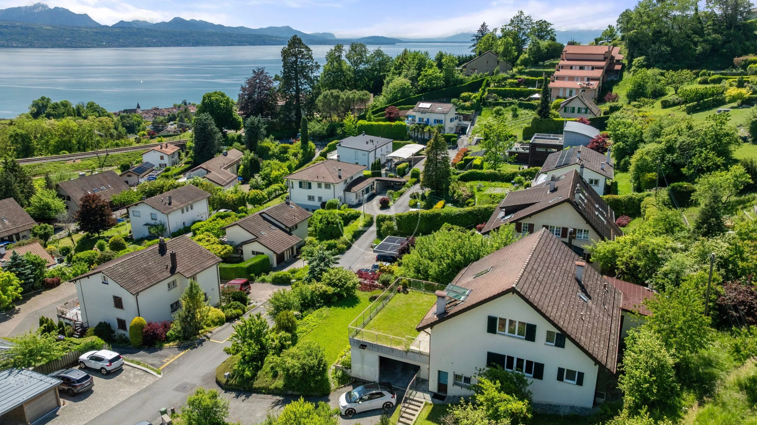 Luftaufnahme eines Wohngebiets am See