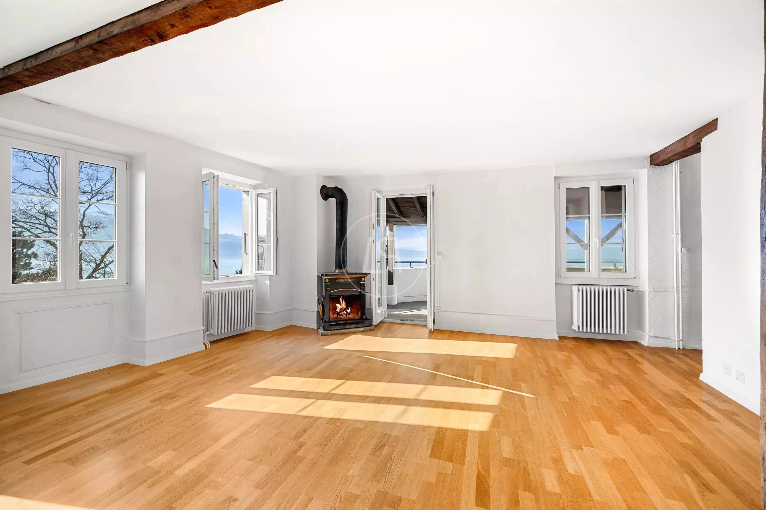 Heller Wohnraum mit Kamin und Meerblick