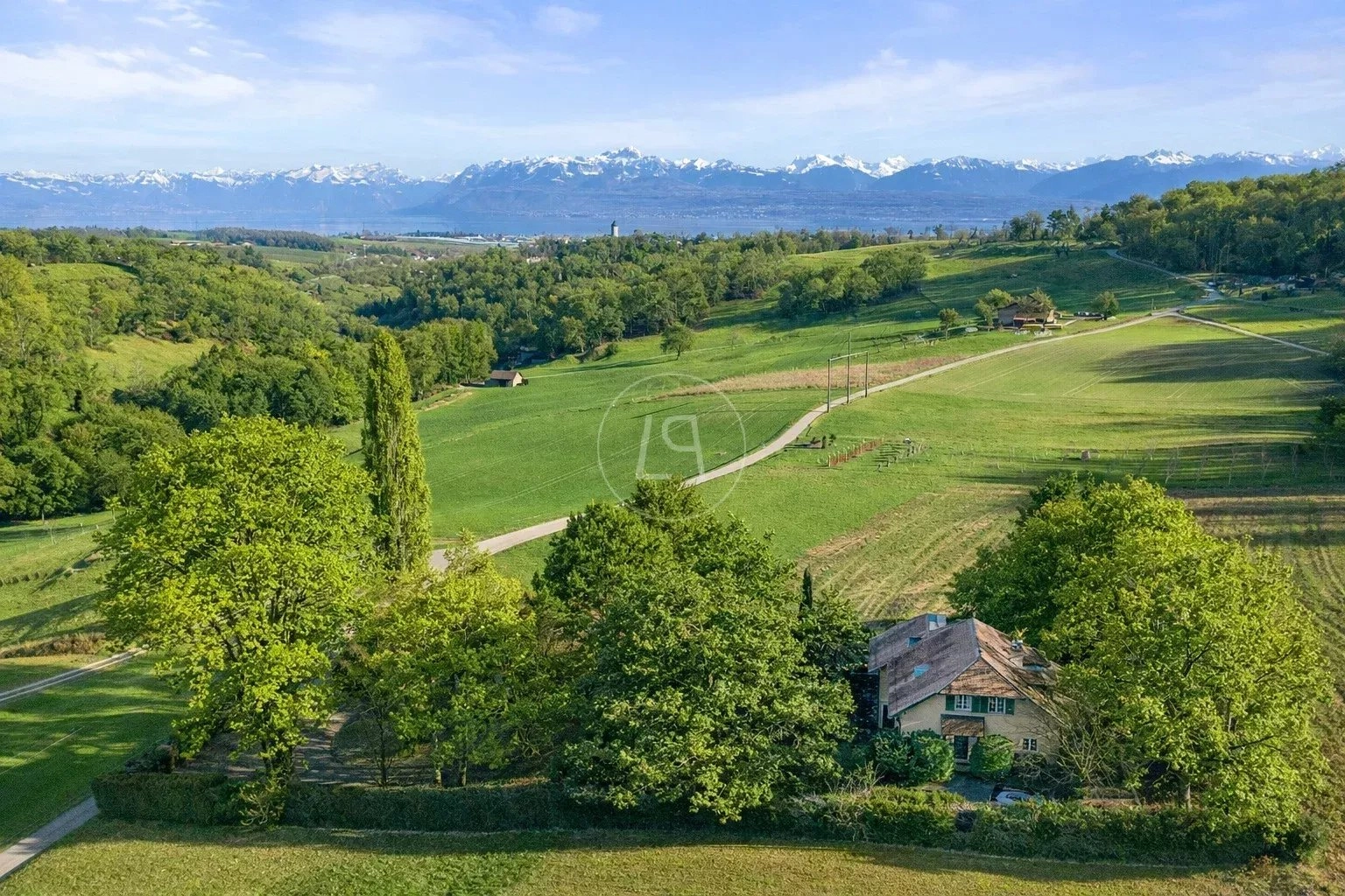 Panoramablick über grüne Landschaft mit Bergen