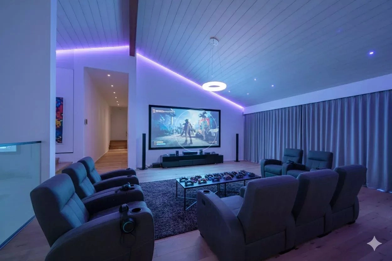 Modernes Heimkino mit Lounge-Sesseln