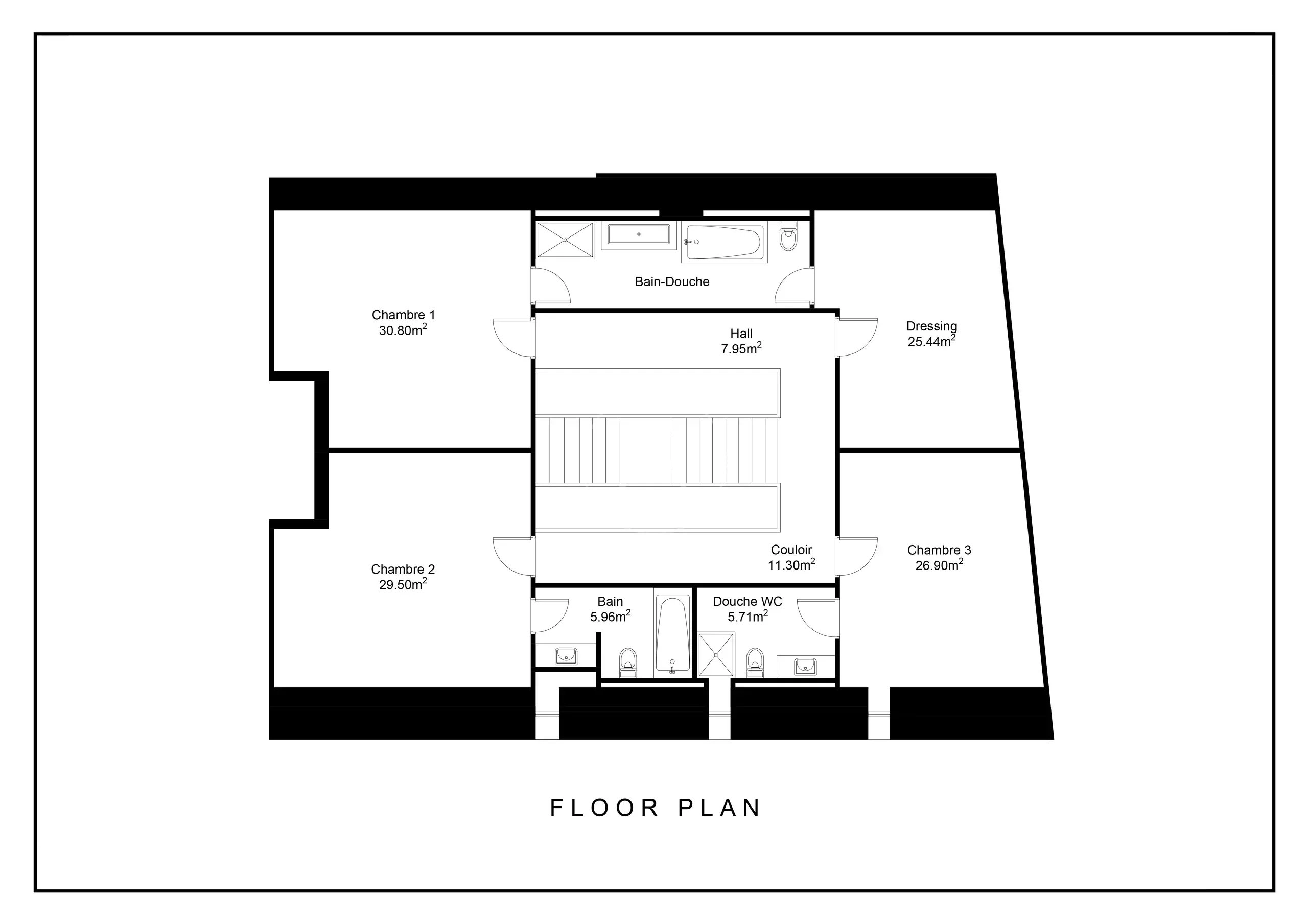 Grundriss mit Schlafzimmern, Bädern, Flur und Ankleide