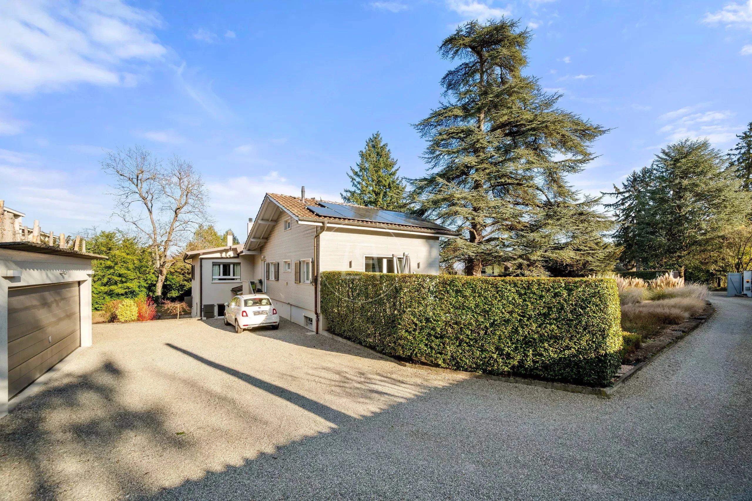 Außenansicht eines modernen Einfamilienhauses mit Zufahrt und Garten