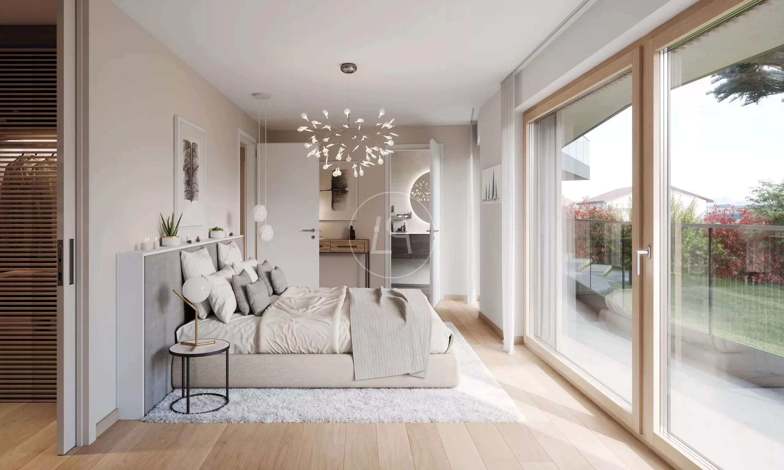 Helles Schlafzimmer mit großer Fensterfront