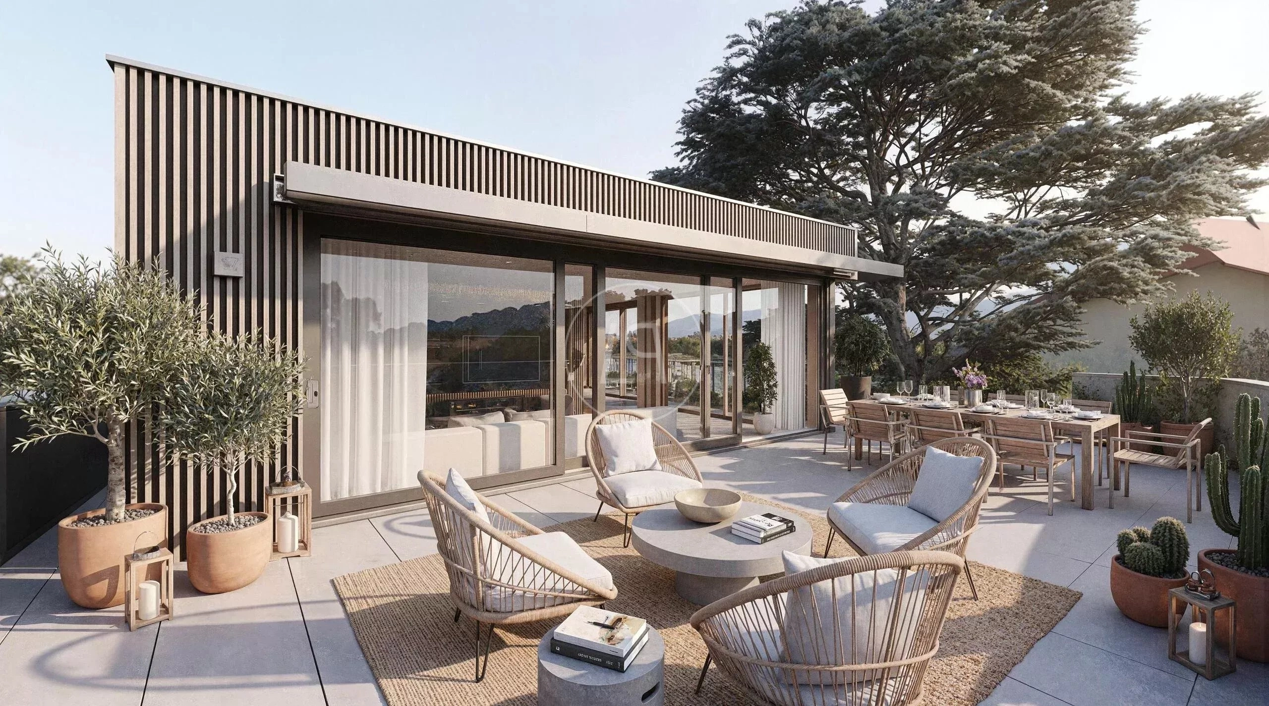 Moderne Dachterrasse mit Lounge- und Essbereich