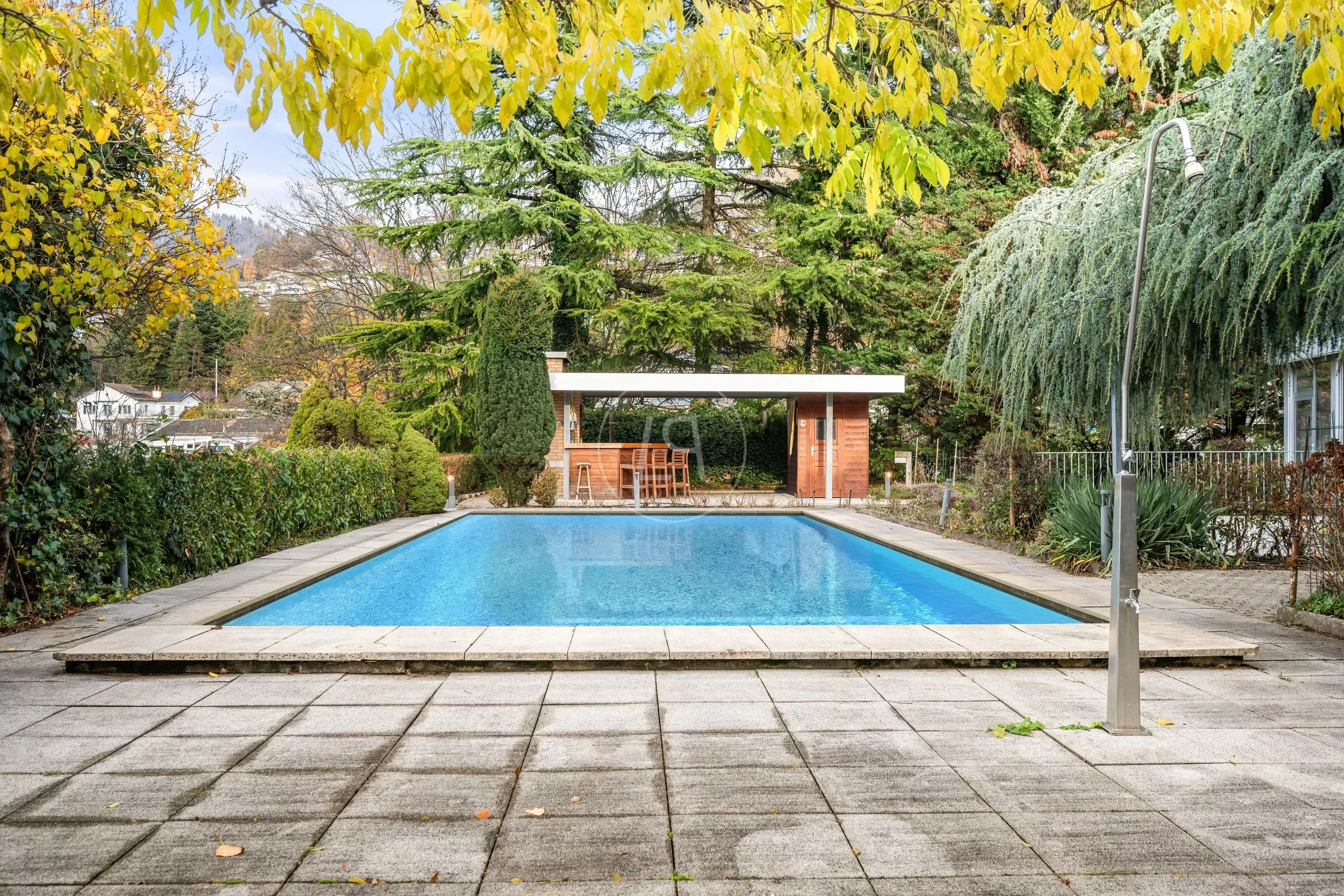 Außenbereich mit Pool und Poolhaus