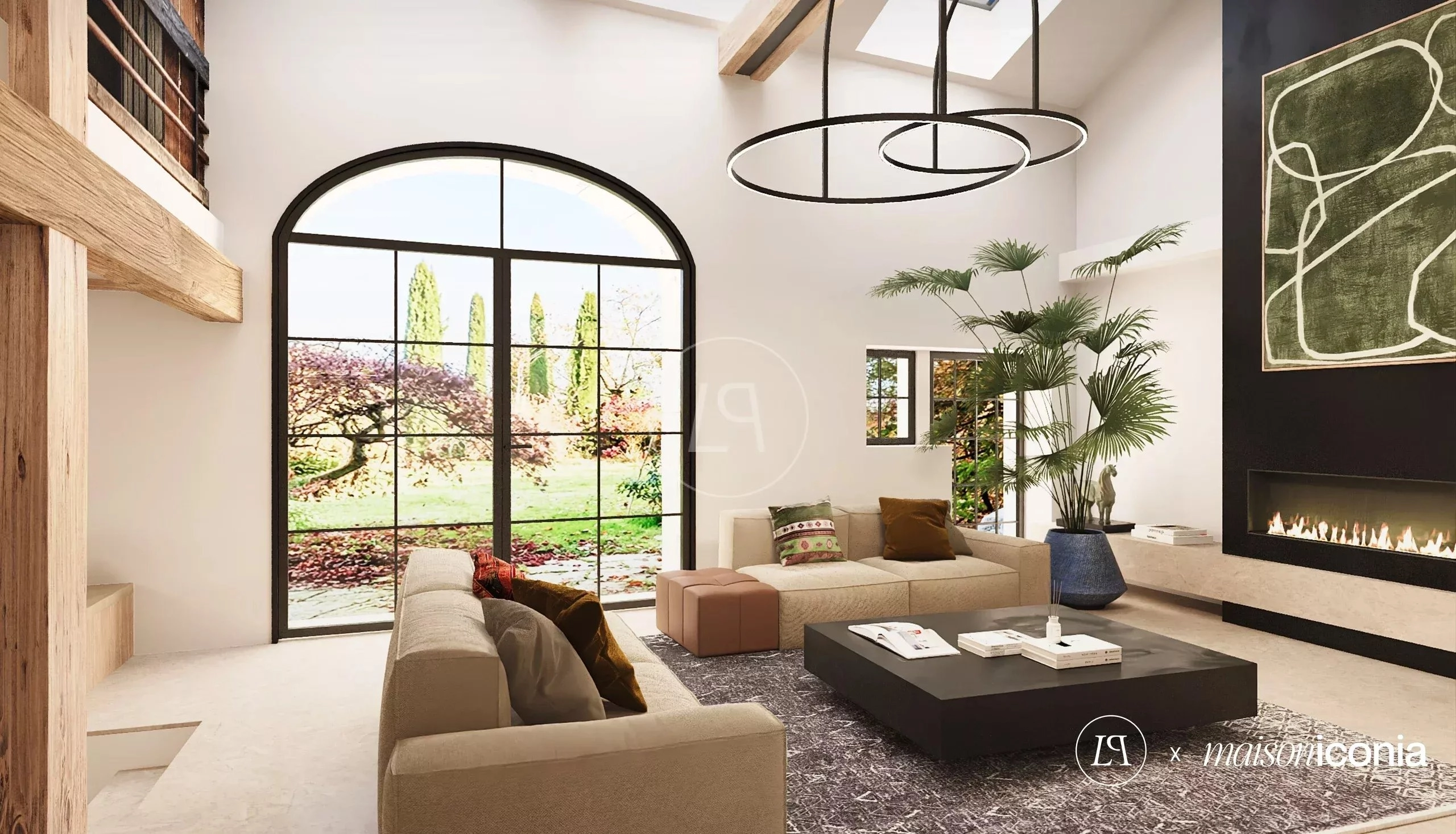 Modernes, helles Wohnzimmer mit Kamin und Galerie
