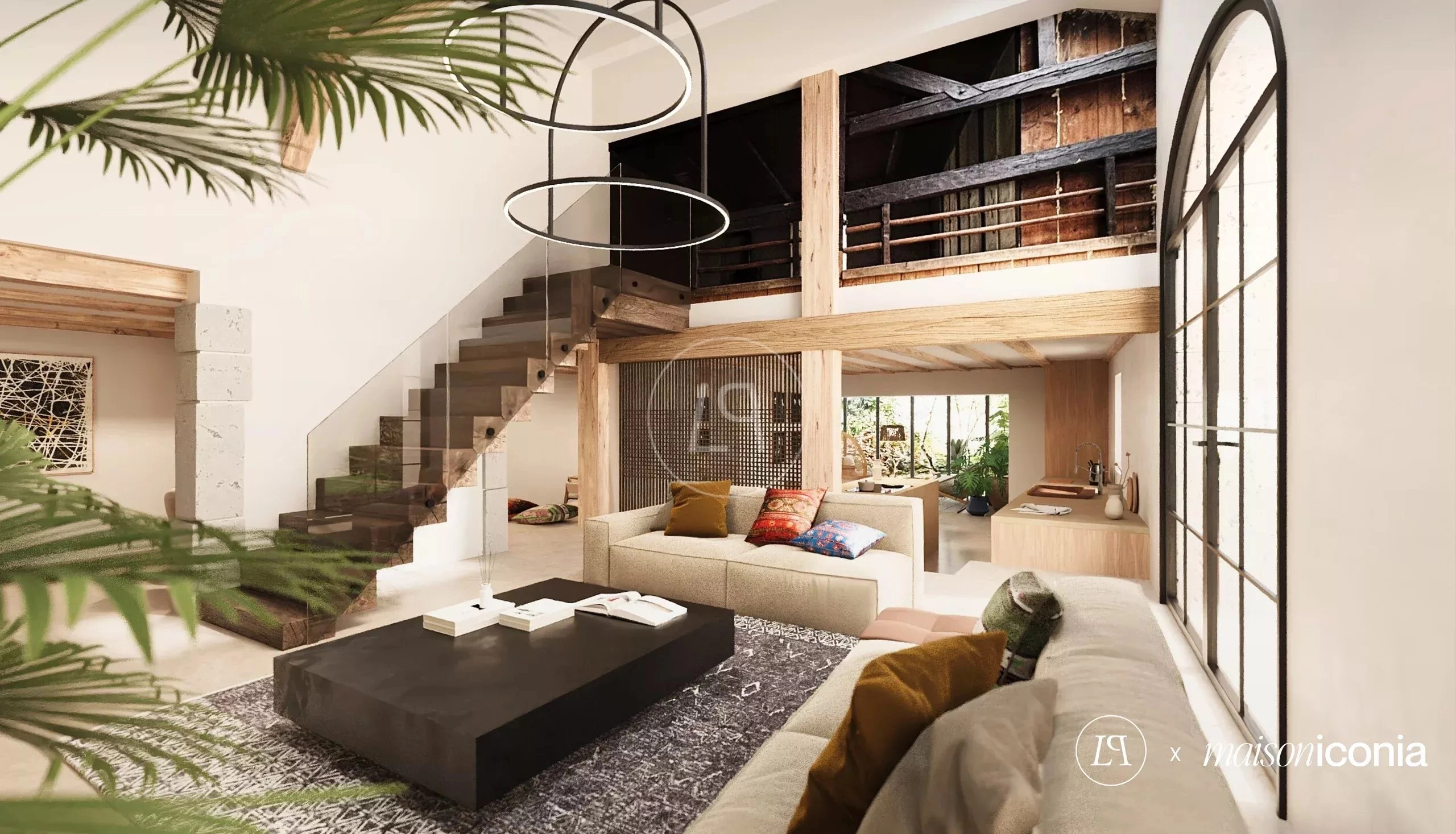 Modernes, luftiges Wohnzimmer mit Galerie und sichtbarer Treppe