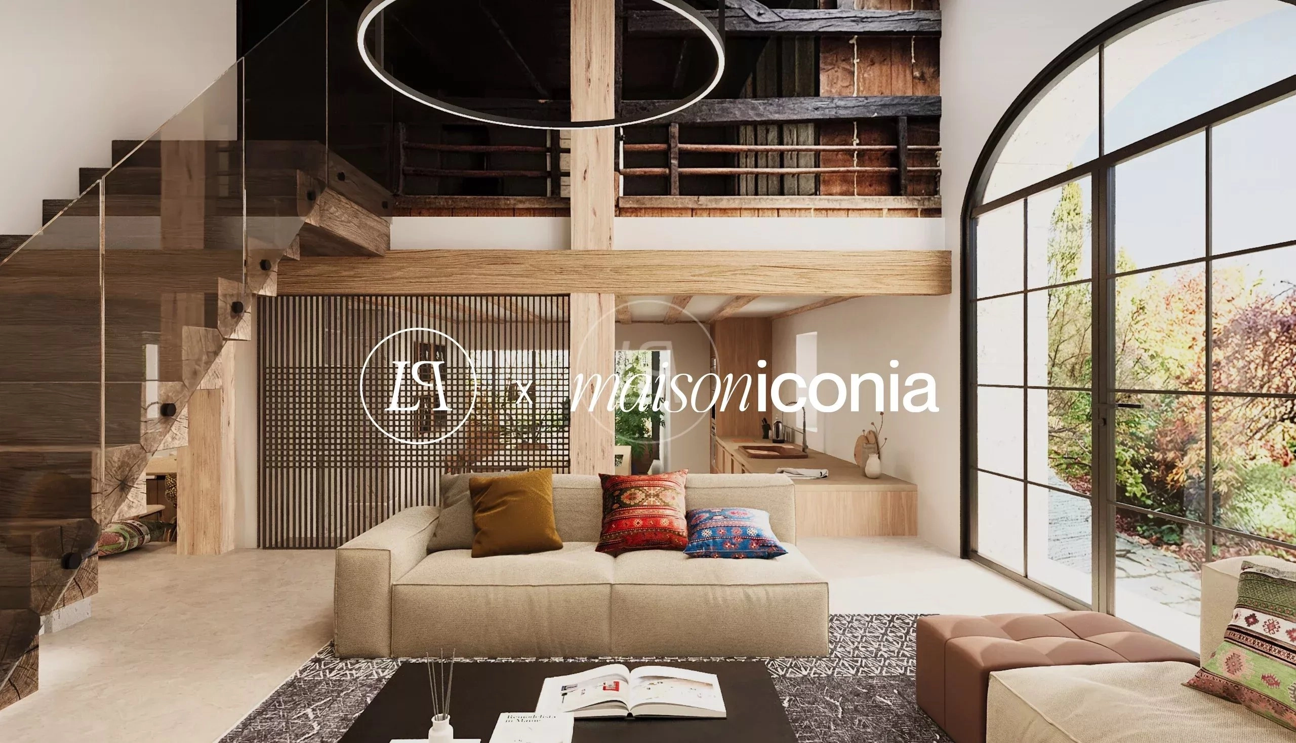Modernes Loft-Wohnzimmer mit hoher Galerie und großem Rundbogenfenster
