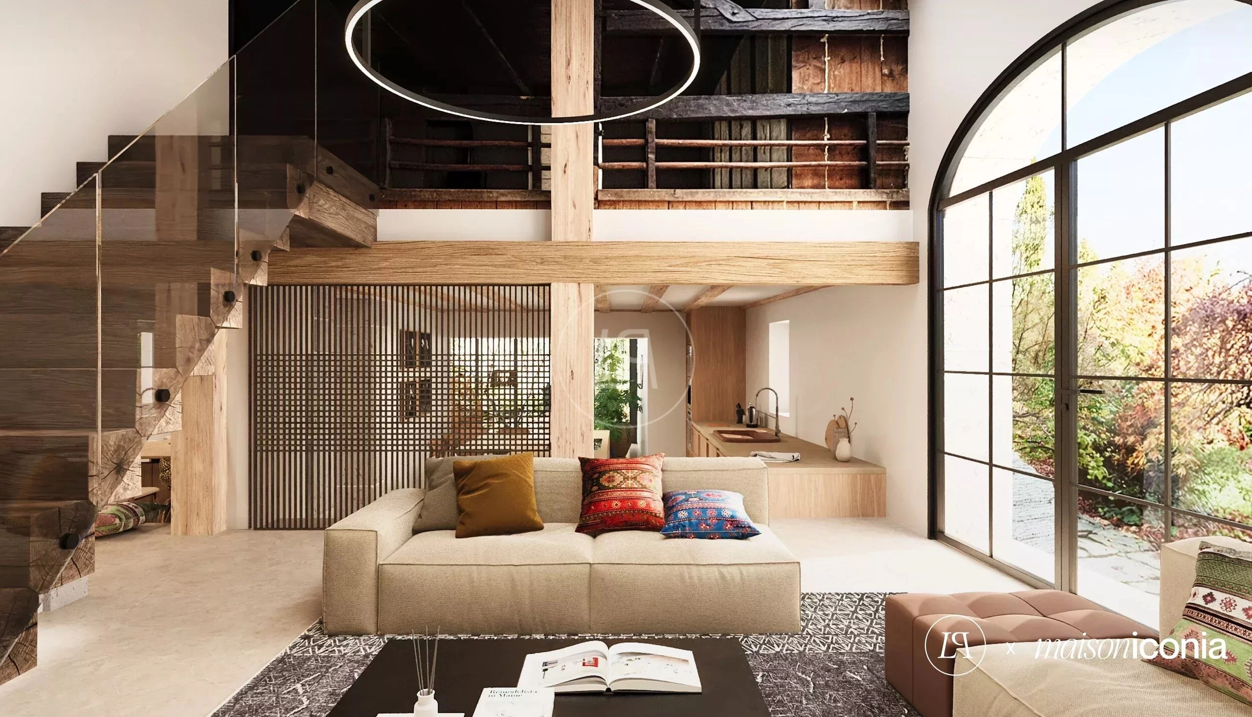 Wohnzimmer mit offener Galerie und großer Fensterfront