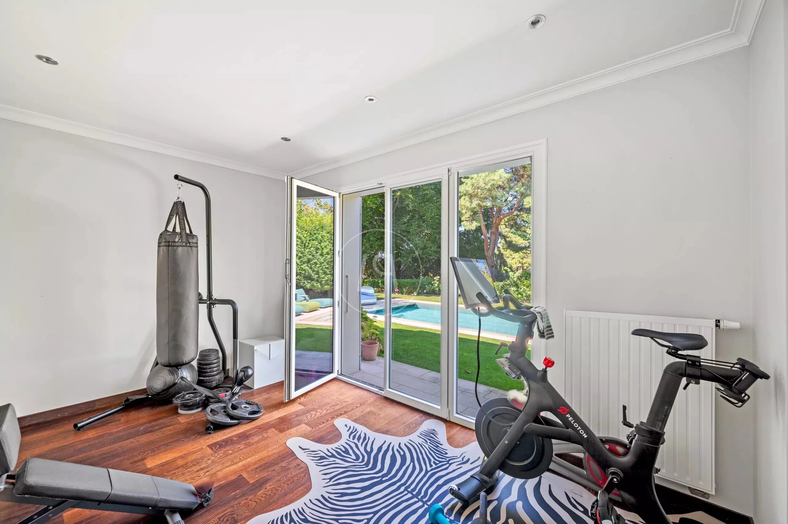 Helles Fitnesszimmer mit Gartenblick