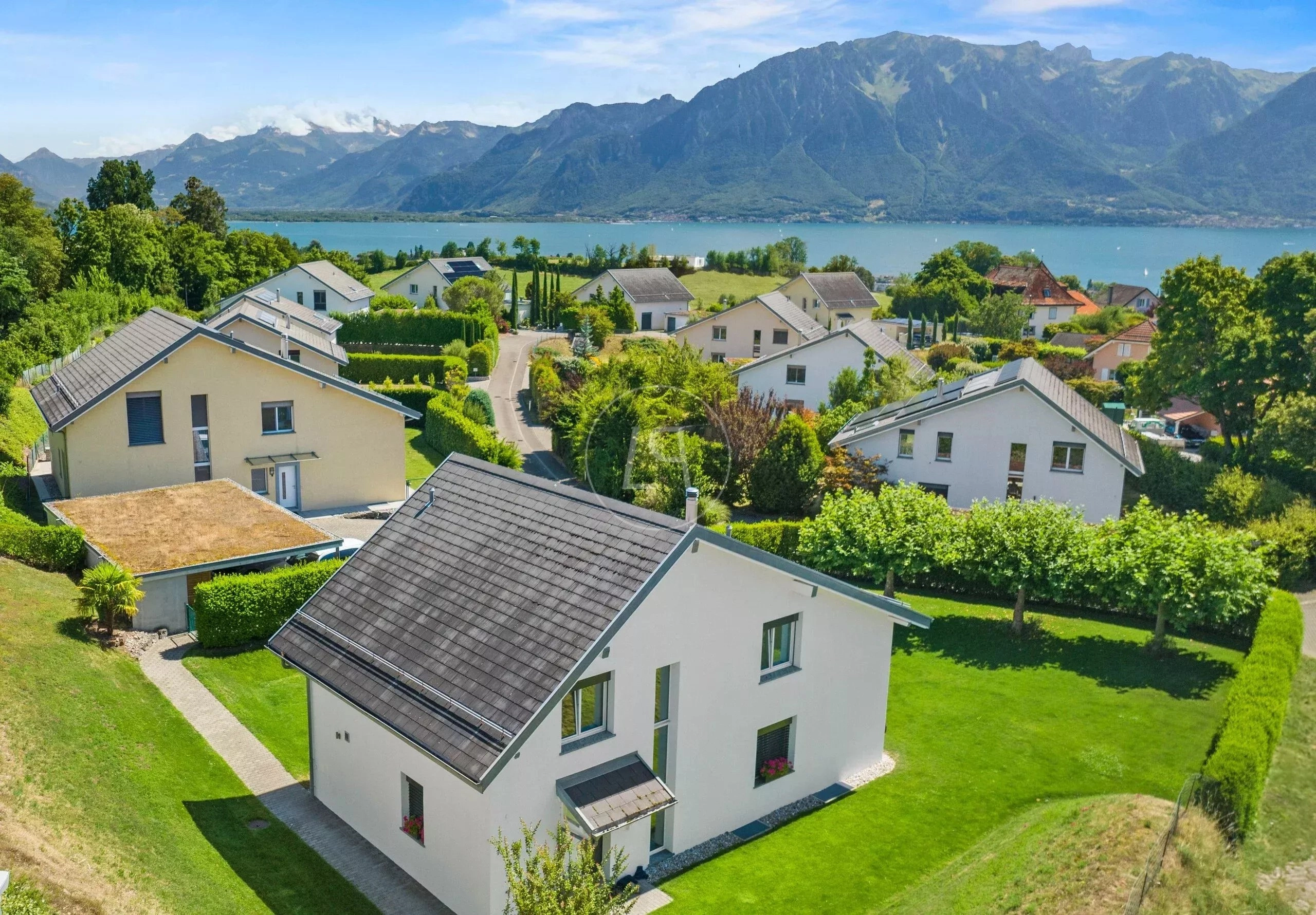 Luftaufnahme eines Wohngebiets am See