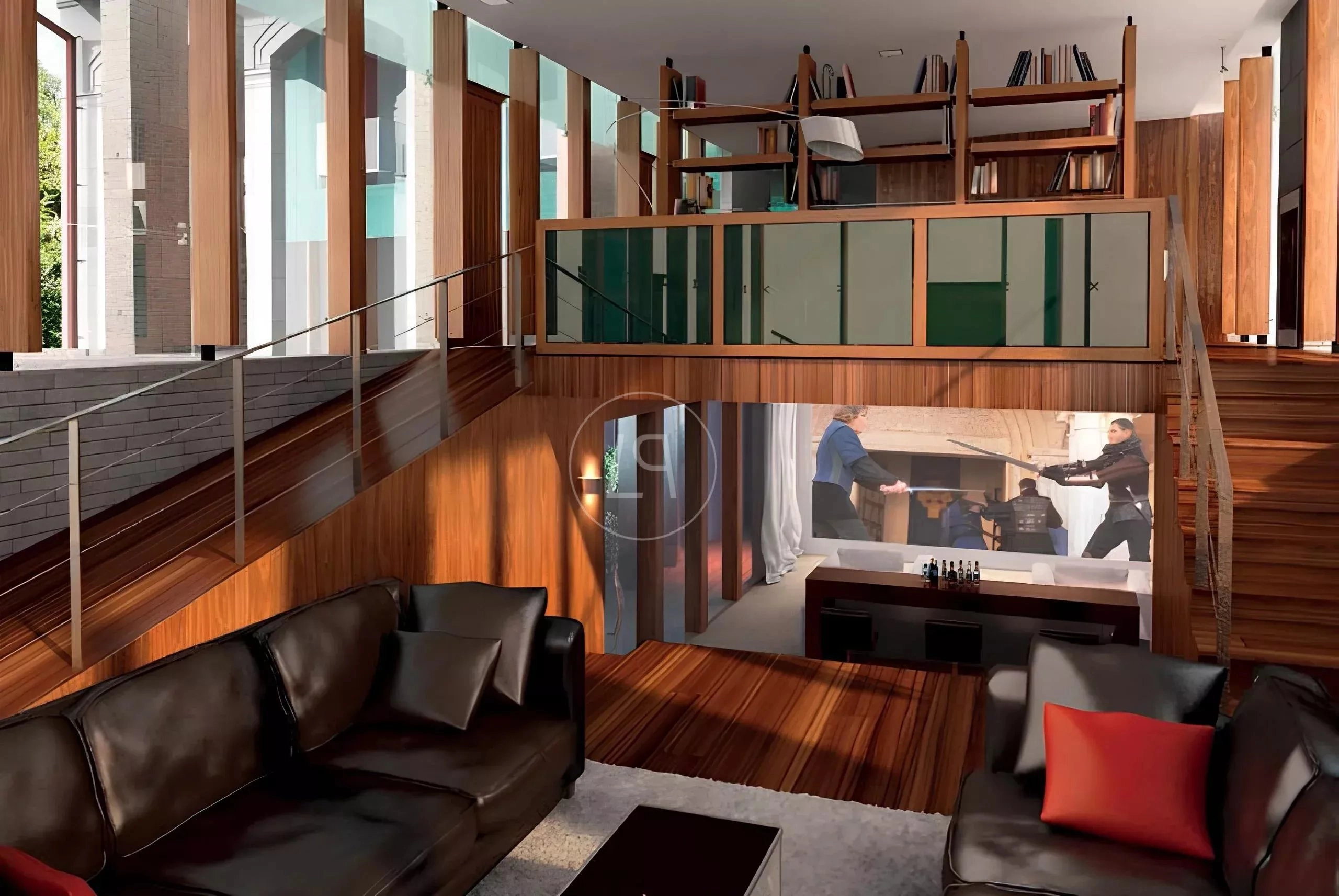 Modernes, mehrgeschossiges Wohninterieur mit Holz und Glas