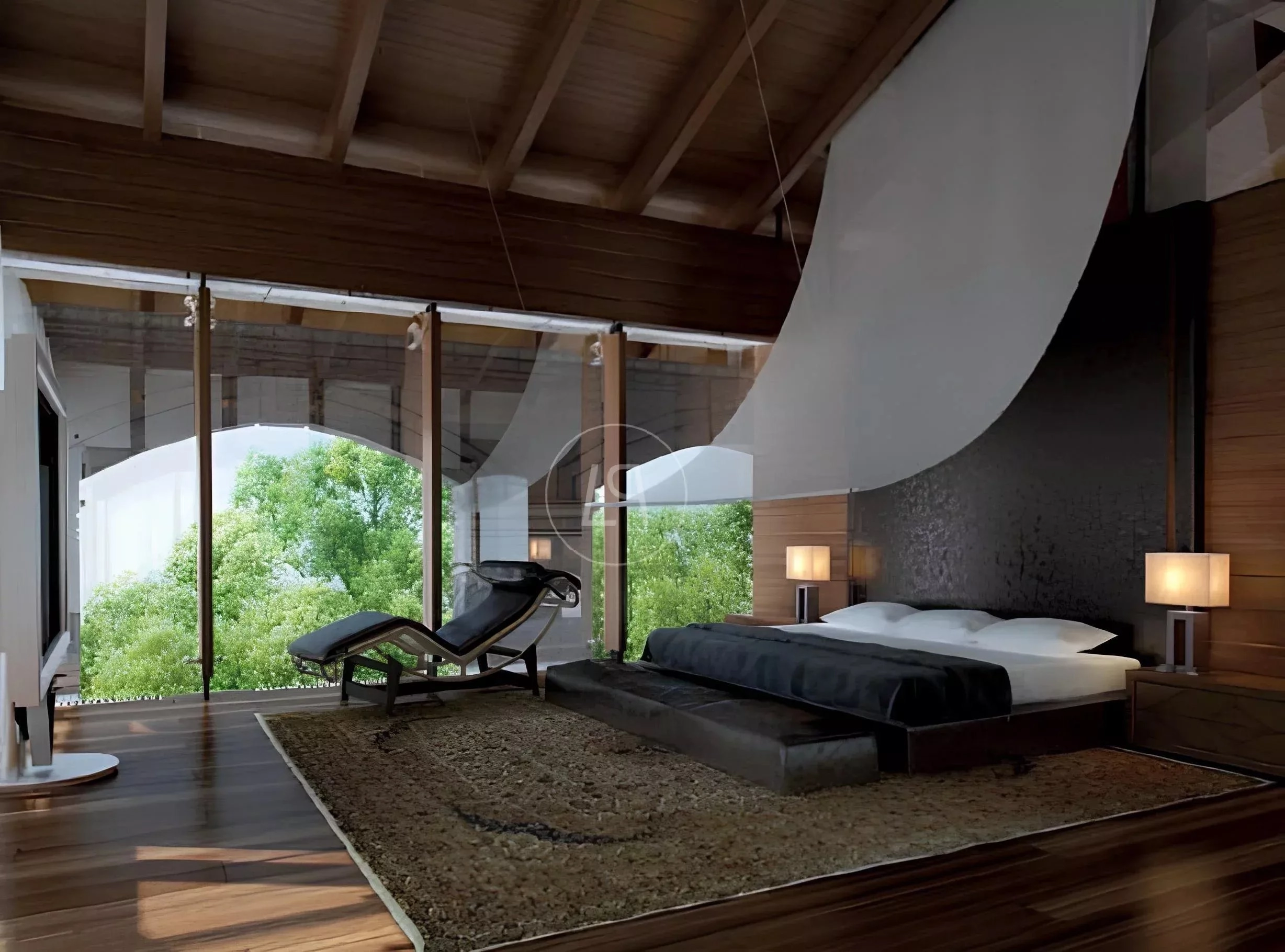 Modernes Schlafzimmer mit Panoramaverglasung