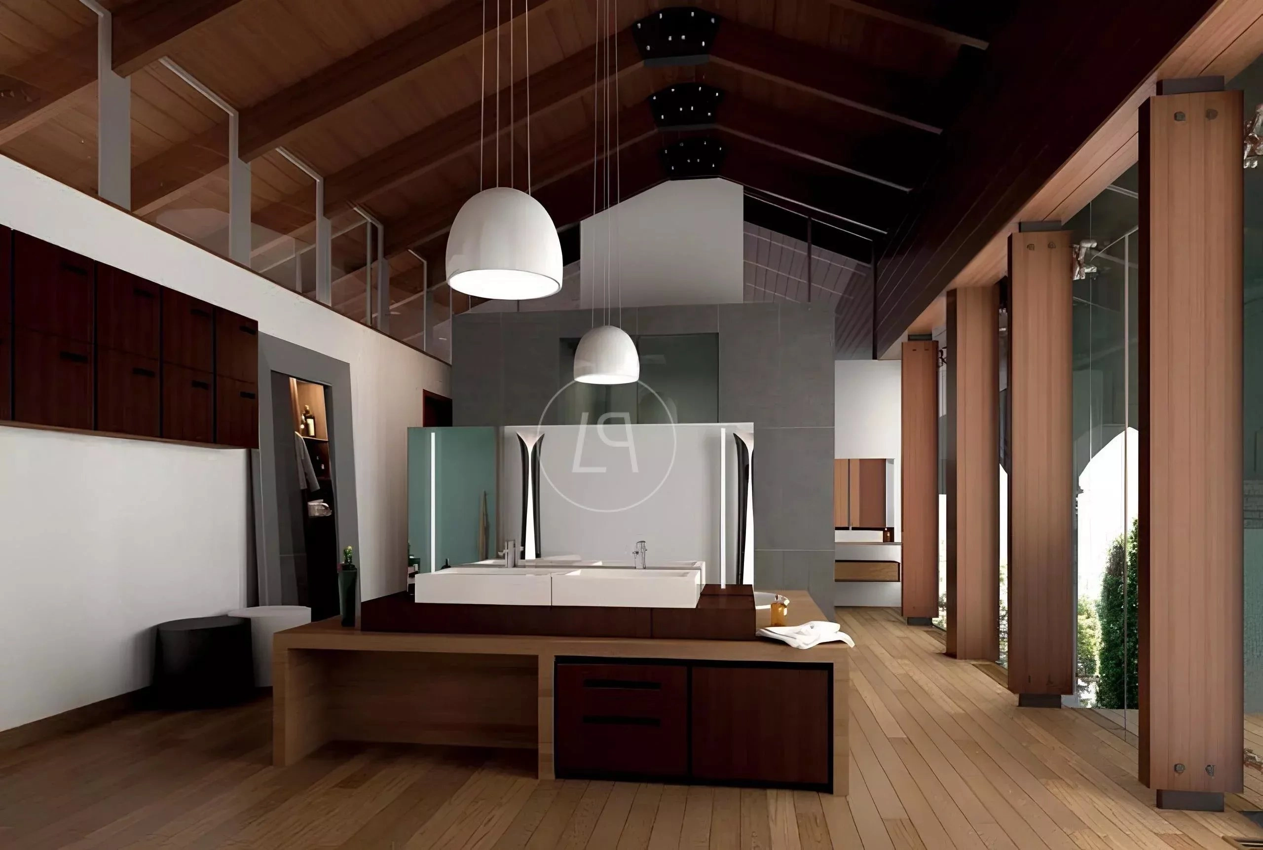 Luxuriöses modernes Badezimmer mit Holz- und Glasakzenten