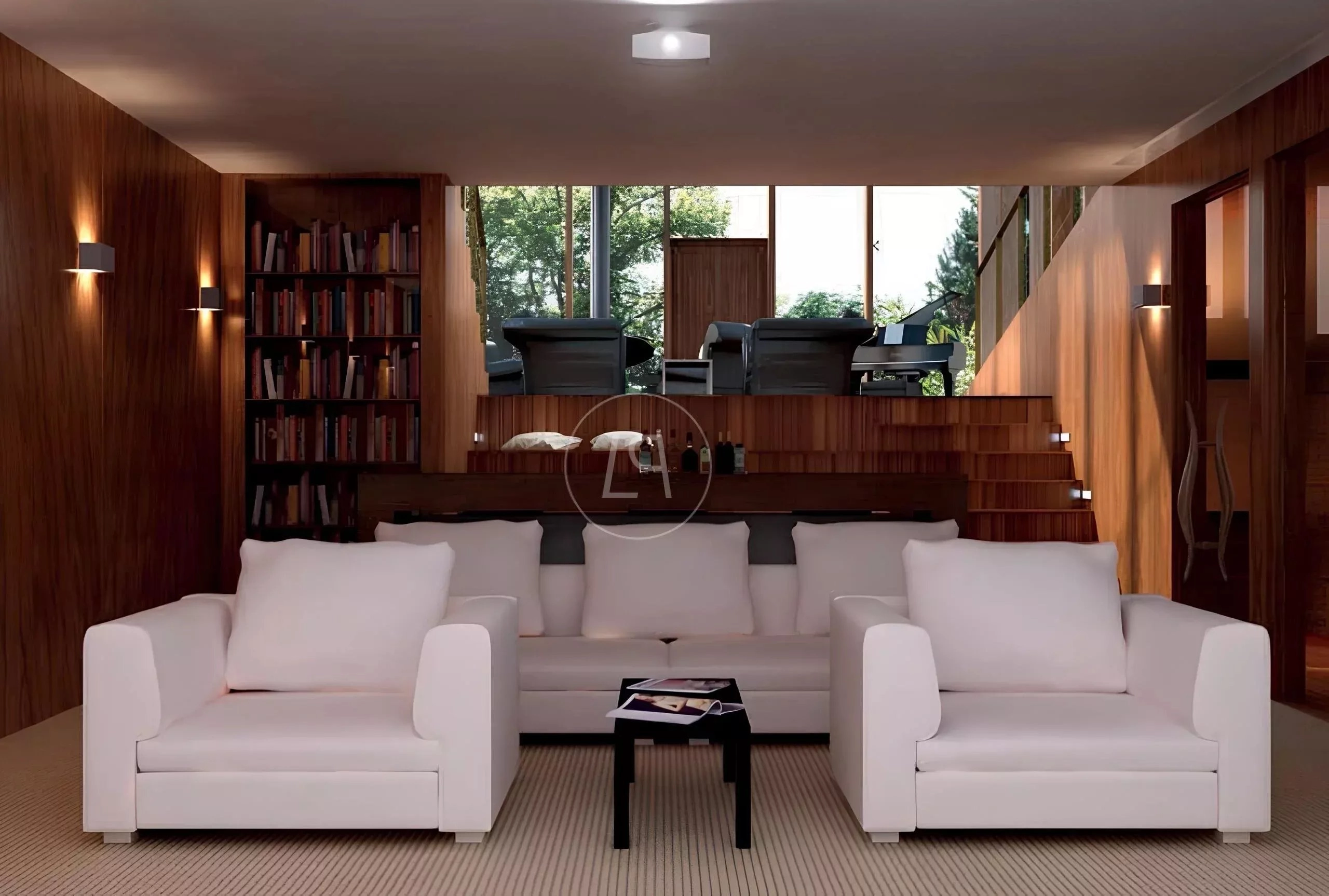 Modernes Wohnzimmer mit Holzvertäfelung und Panoramafenstern