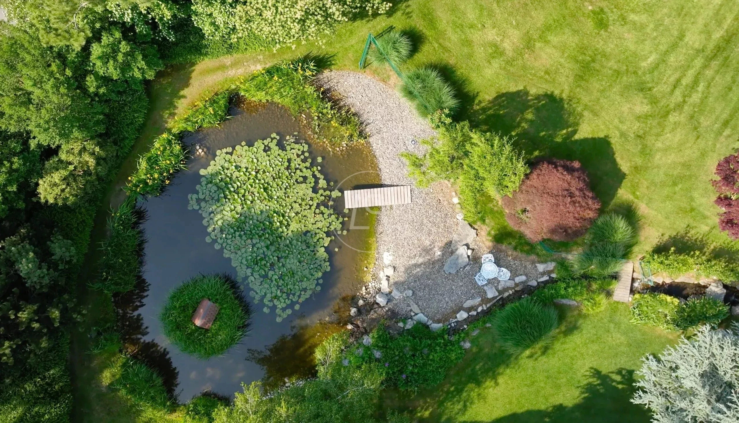 Luftaufnahme eines Gartenteichs mit Steg