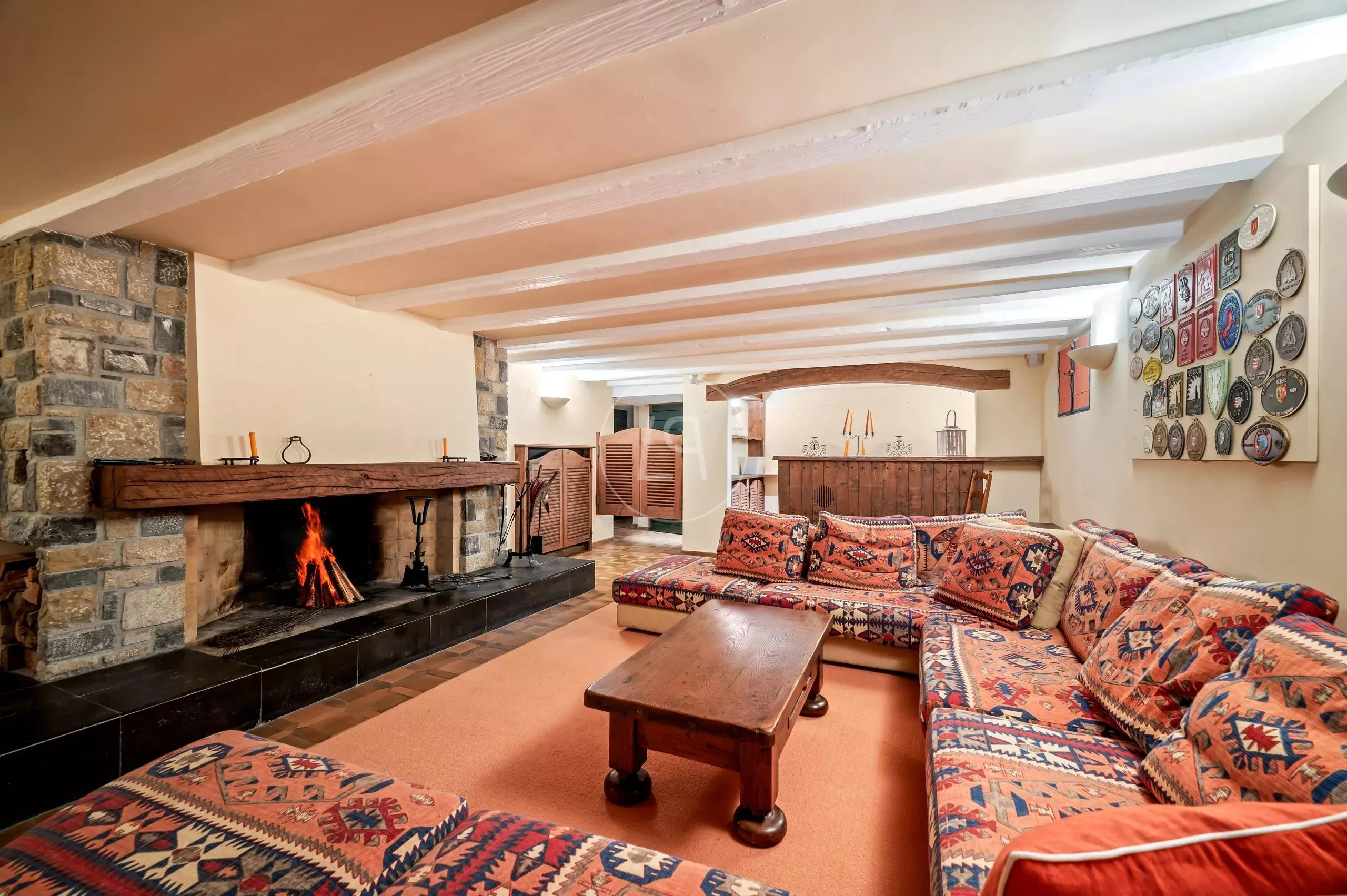 Gemütliches Wohnzimmer mit offenem Kamin und Muster-Sofa