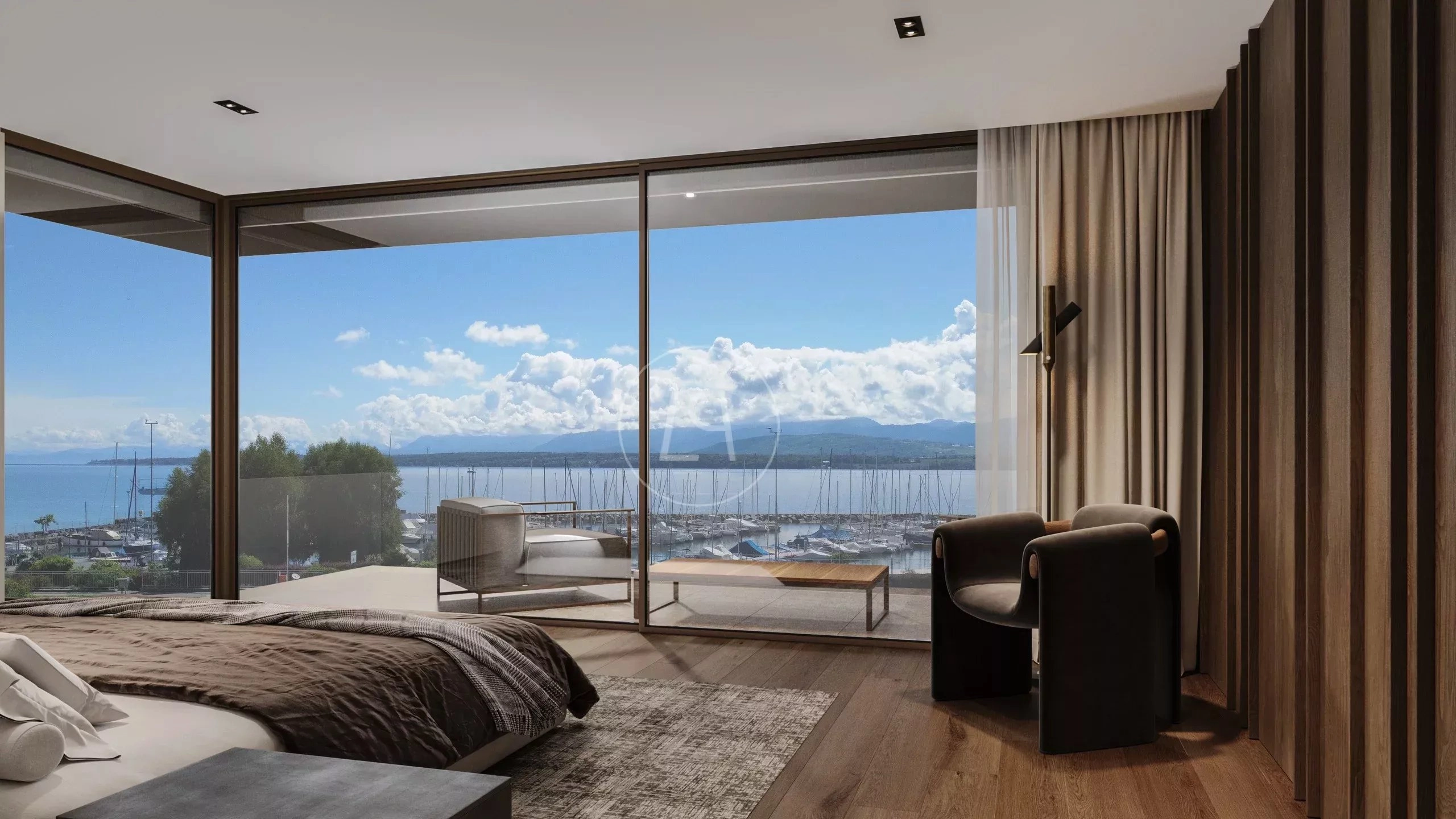 Schlafzimmer mit Meerblick und bodentiefen Fenstern