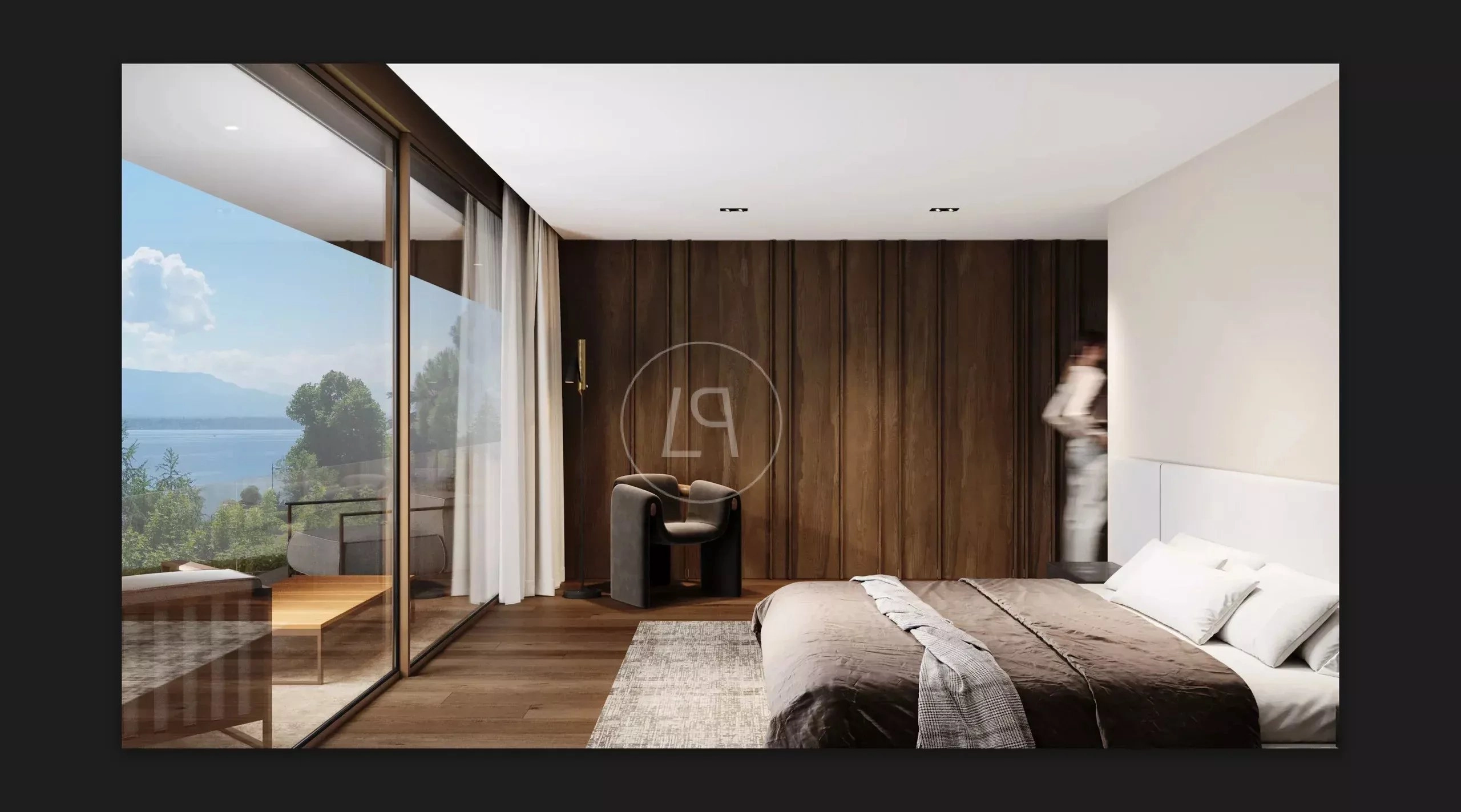 Modernes Schlafzimmer mit Seeblick