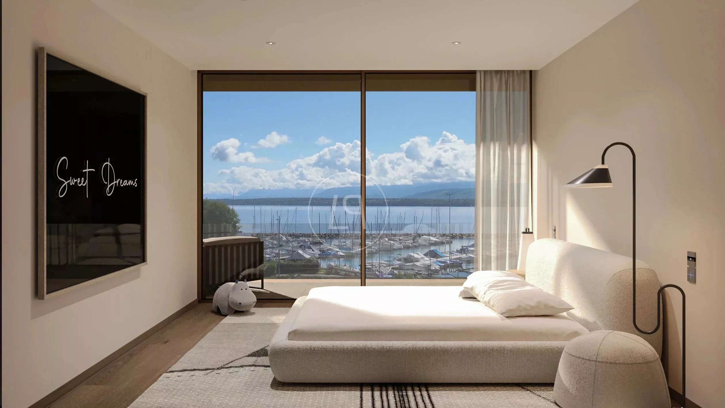 Modernes Schlafzimmer mit Seeblick