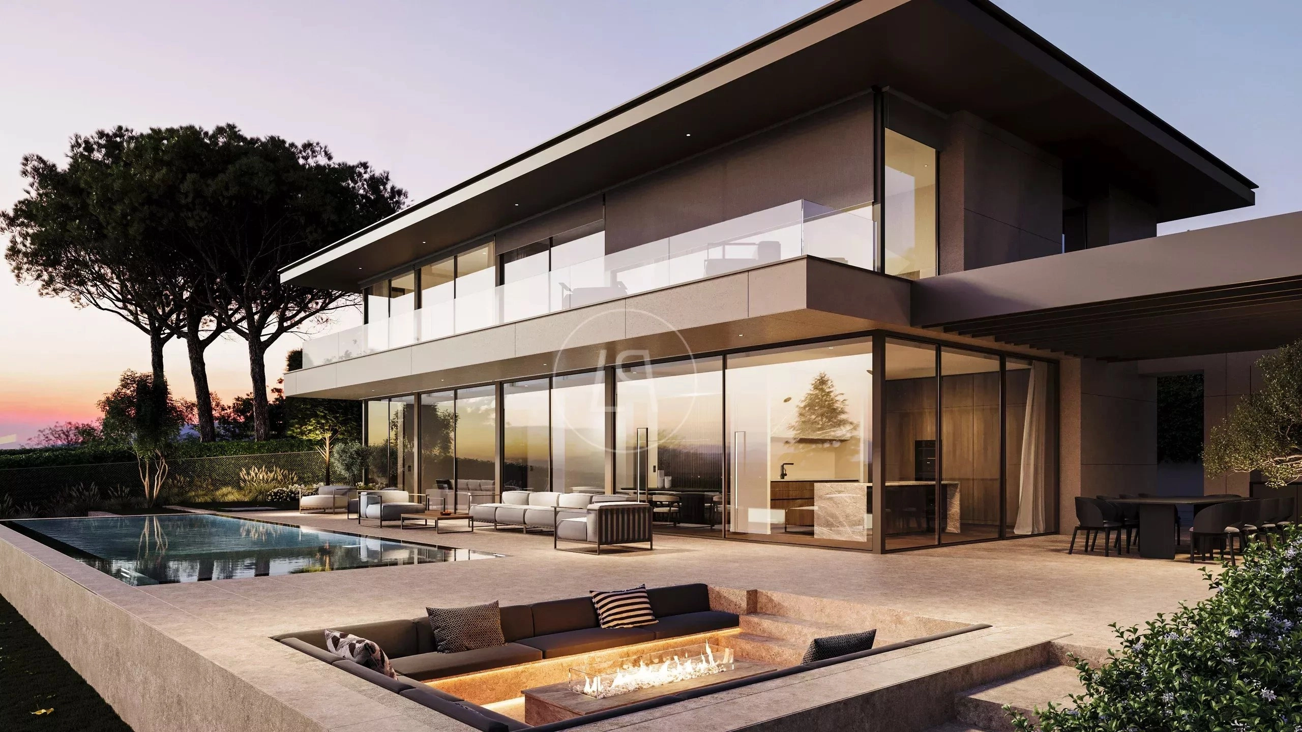 Luxusvilla mit Poolterrasse bei Sonnenuntergang