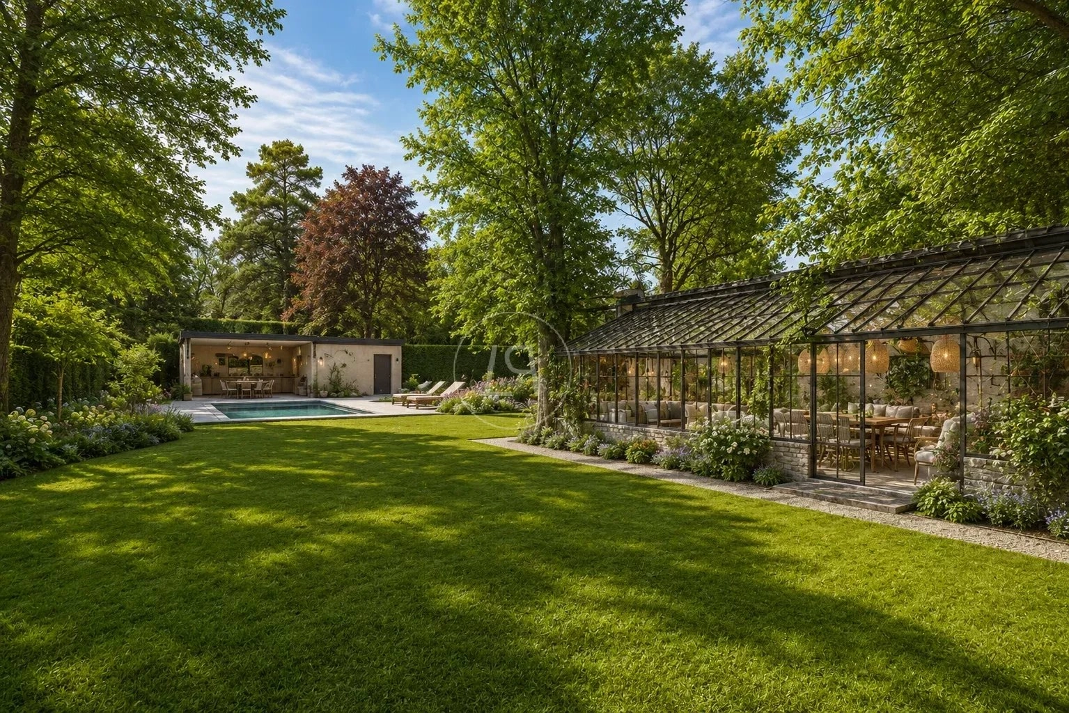 Großer Garten mit Pool und verglastem Pavillon