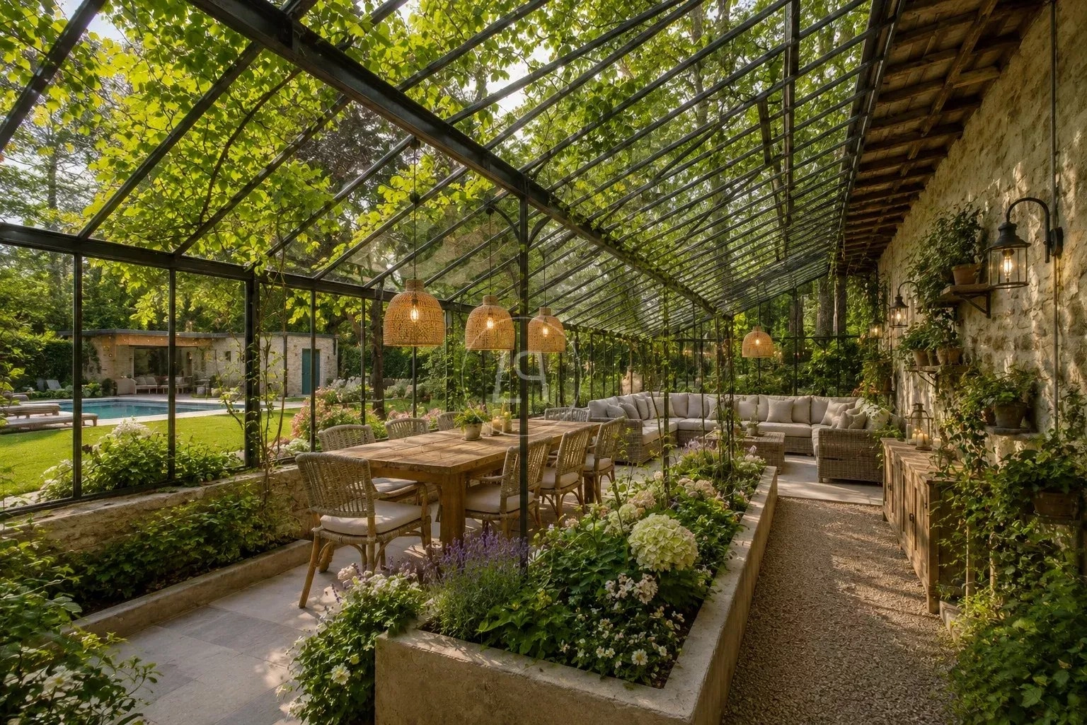 Übergdachte Gartenlounge mit Essbereich