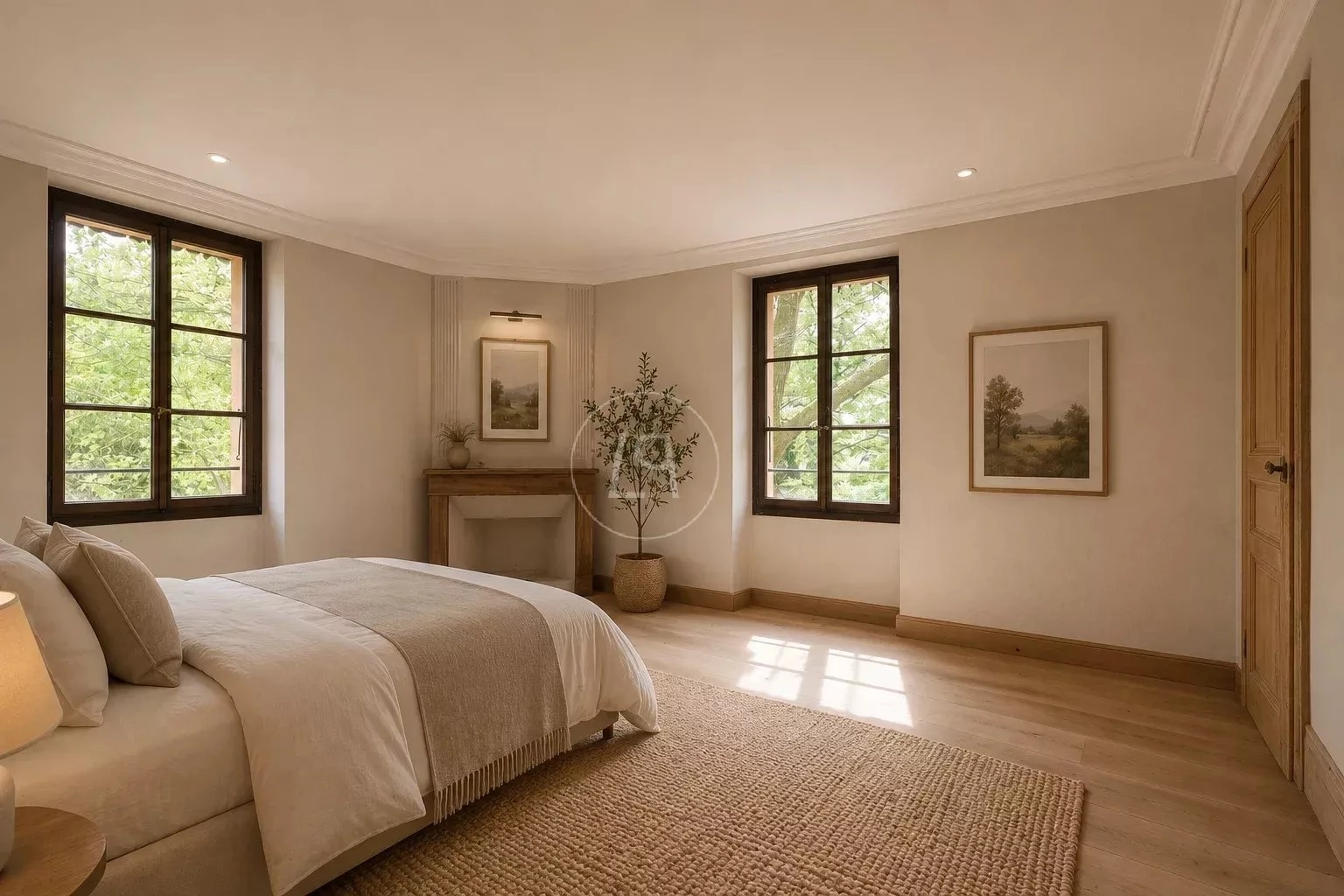 Helles Schlafzimmer mit großen Fenstern