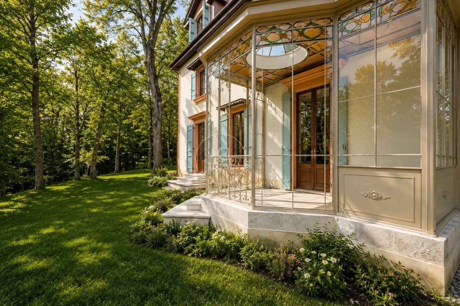 Historische Hausfassade mit verglastem Wintergarten
