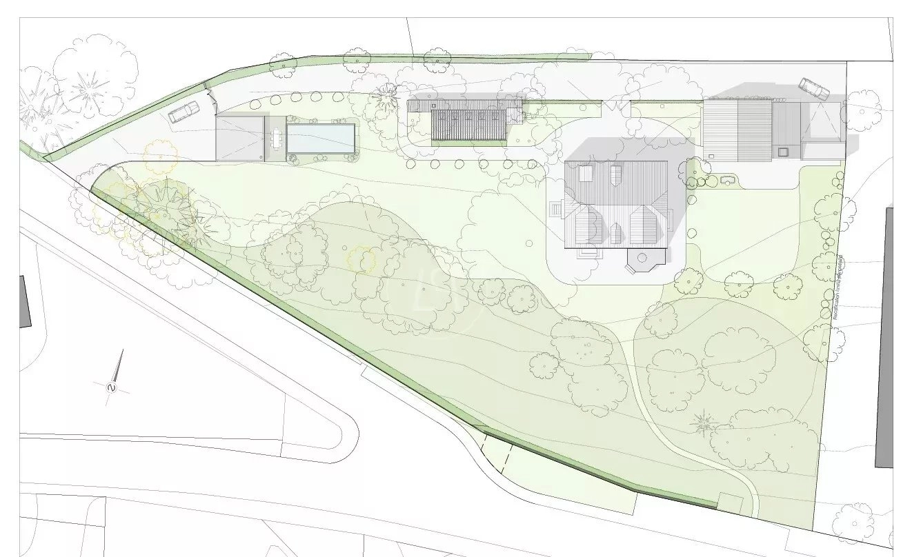 Lageplan eines Grundstücks mit Bebauung und Gartenflächen