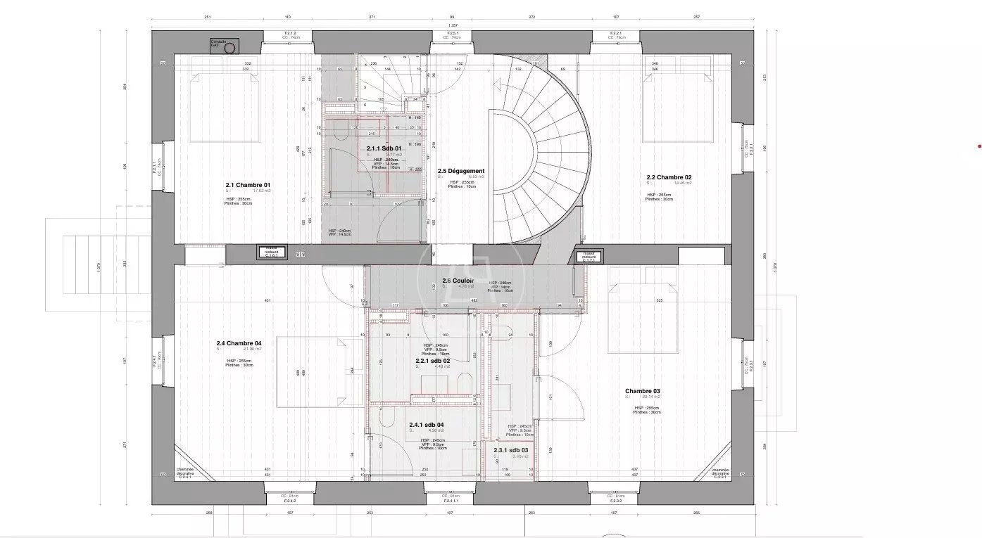 Grundriss eines Obergeschosses mit mehreren Schlafzimmern, Bädern, Flur und Treppe