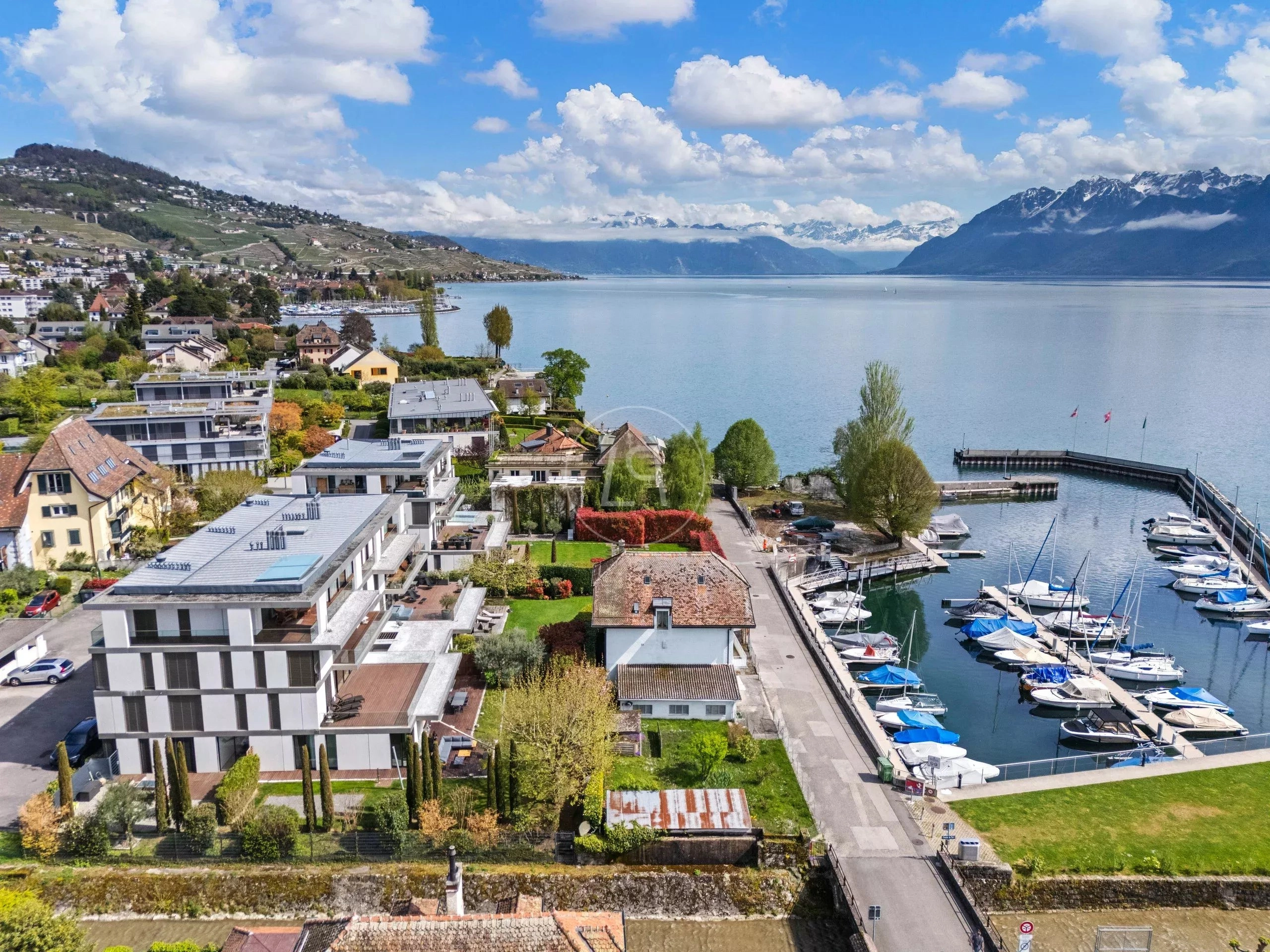 Luftaufnahme einer Uferlage mit Yachthafen und Bergpanorama