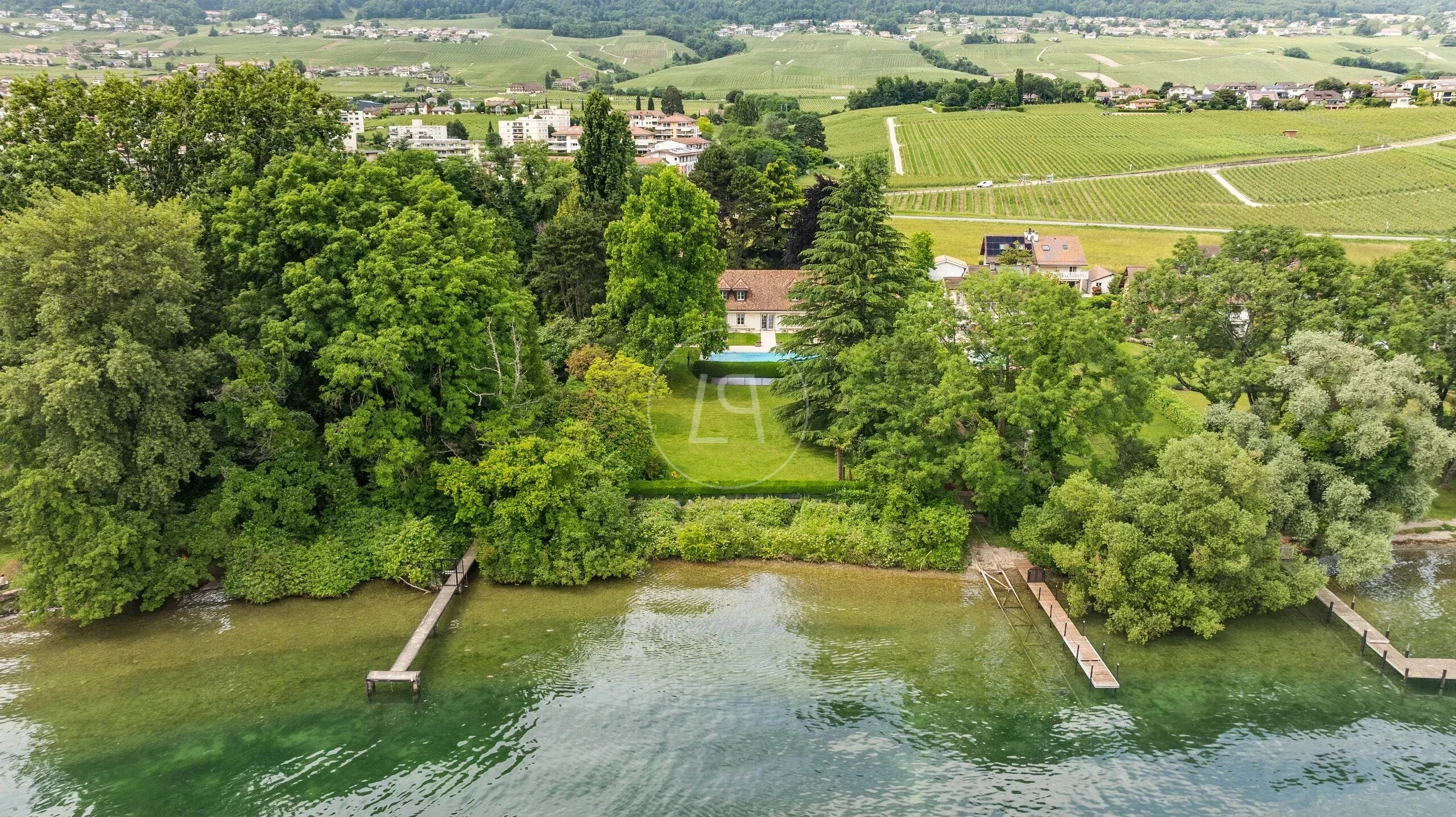 Luftaufnahme eines Seegrundstücks mit Villa und Weinbergen