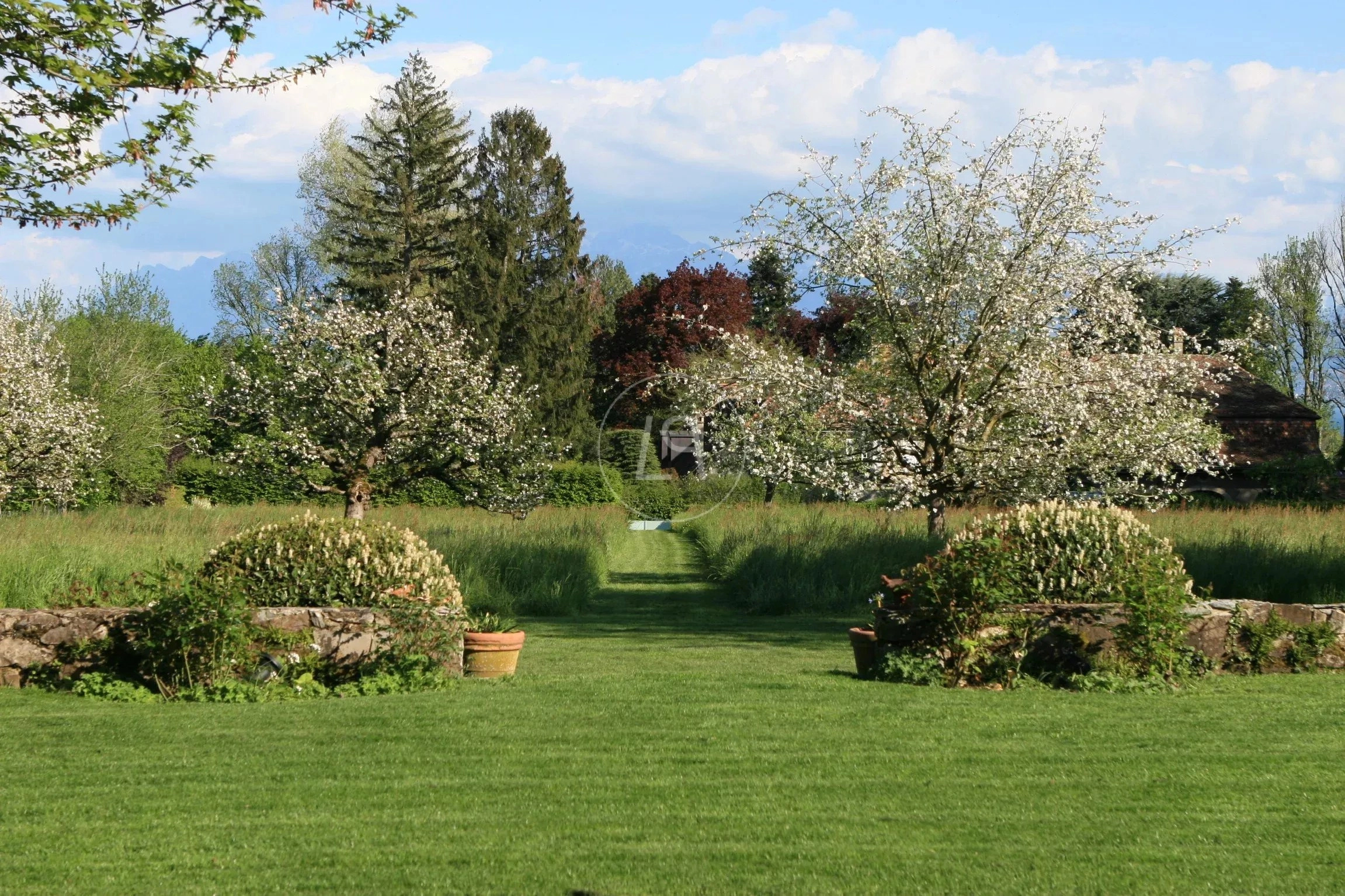Großer Landschaftsgarten mit blühenden Bäumen