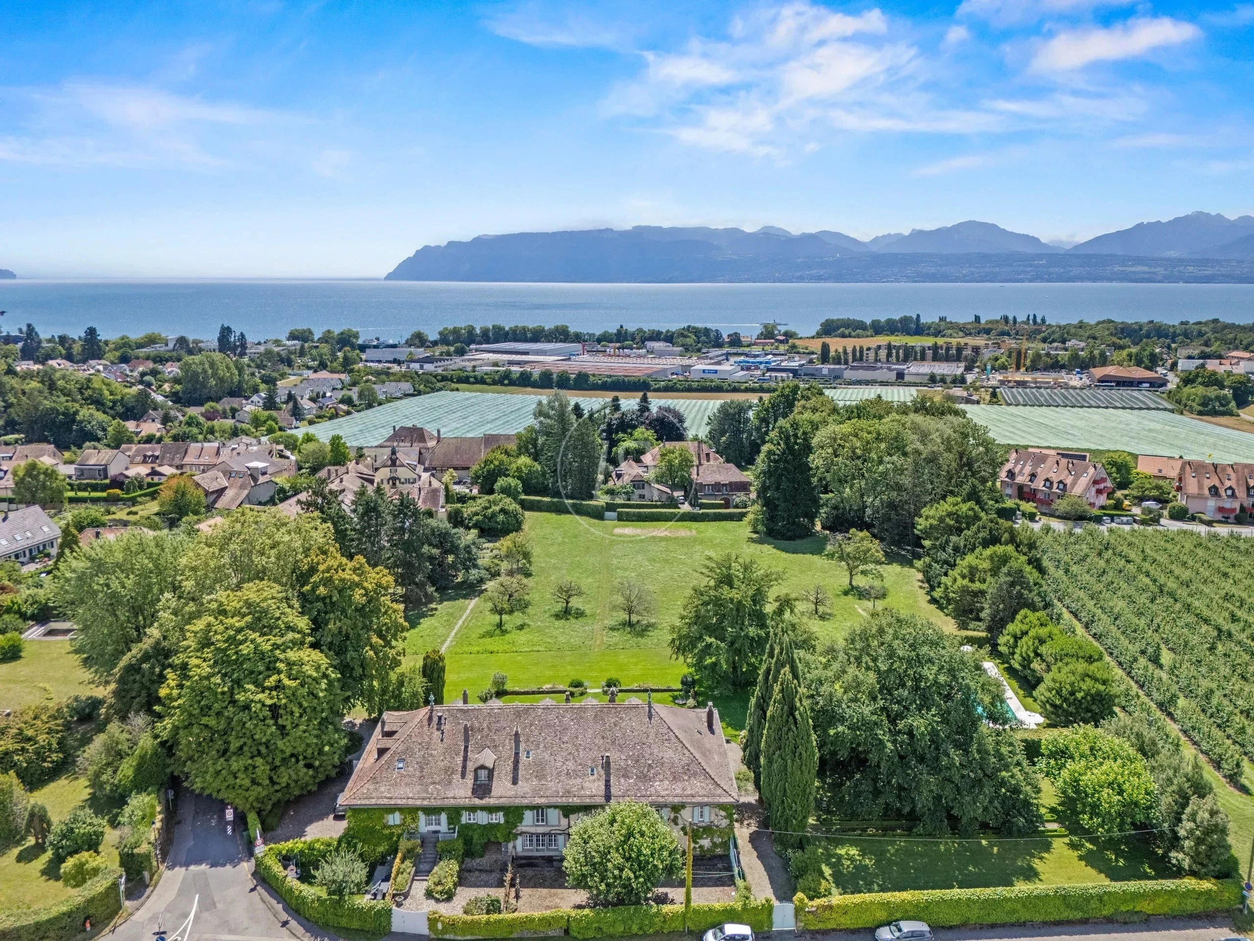 Luftaufnahme einer Villa mit Seeblick