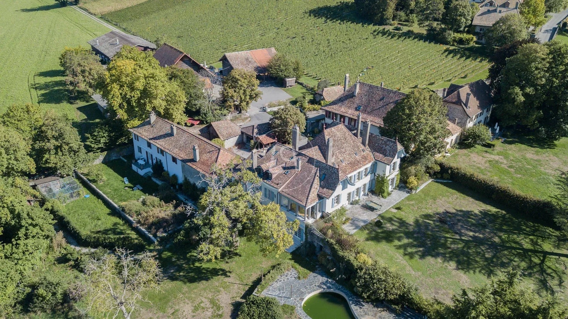 Luftaufnahme eines großzügigen Landguts