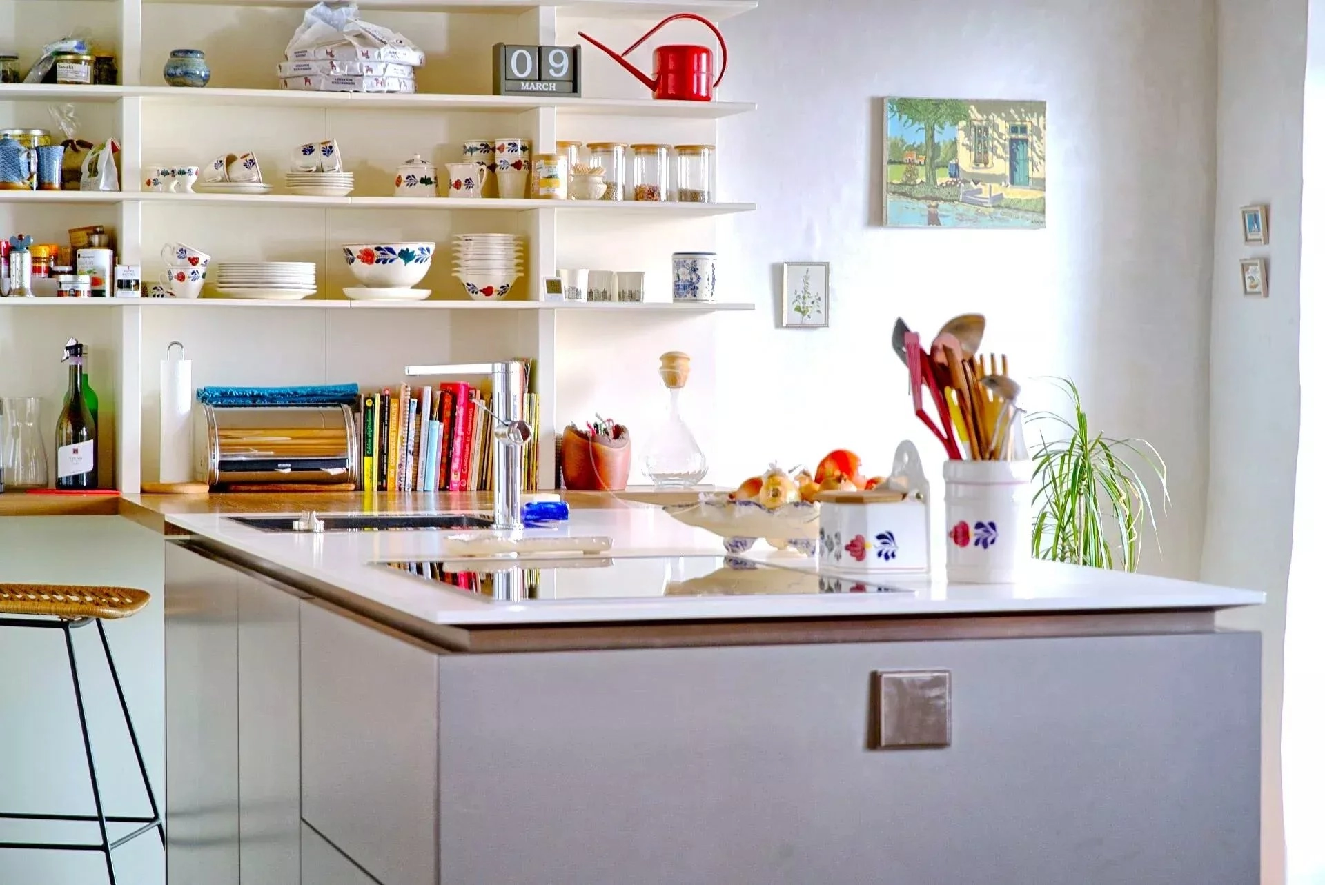 Offene Küche mit Kochinsel und offenen Regalen