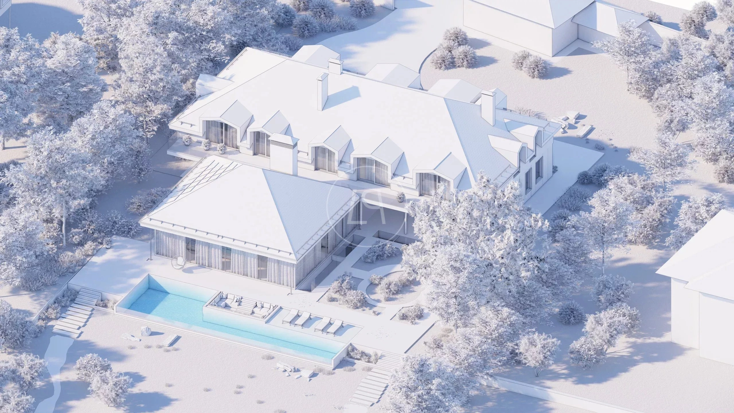 Luxuriöse Villa mit Pool im verschneiten Umfeld