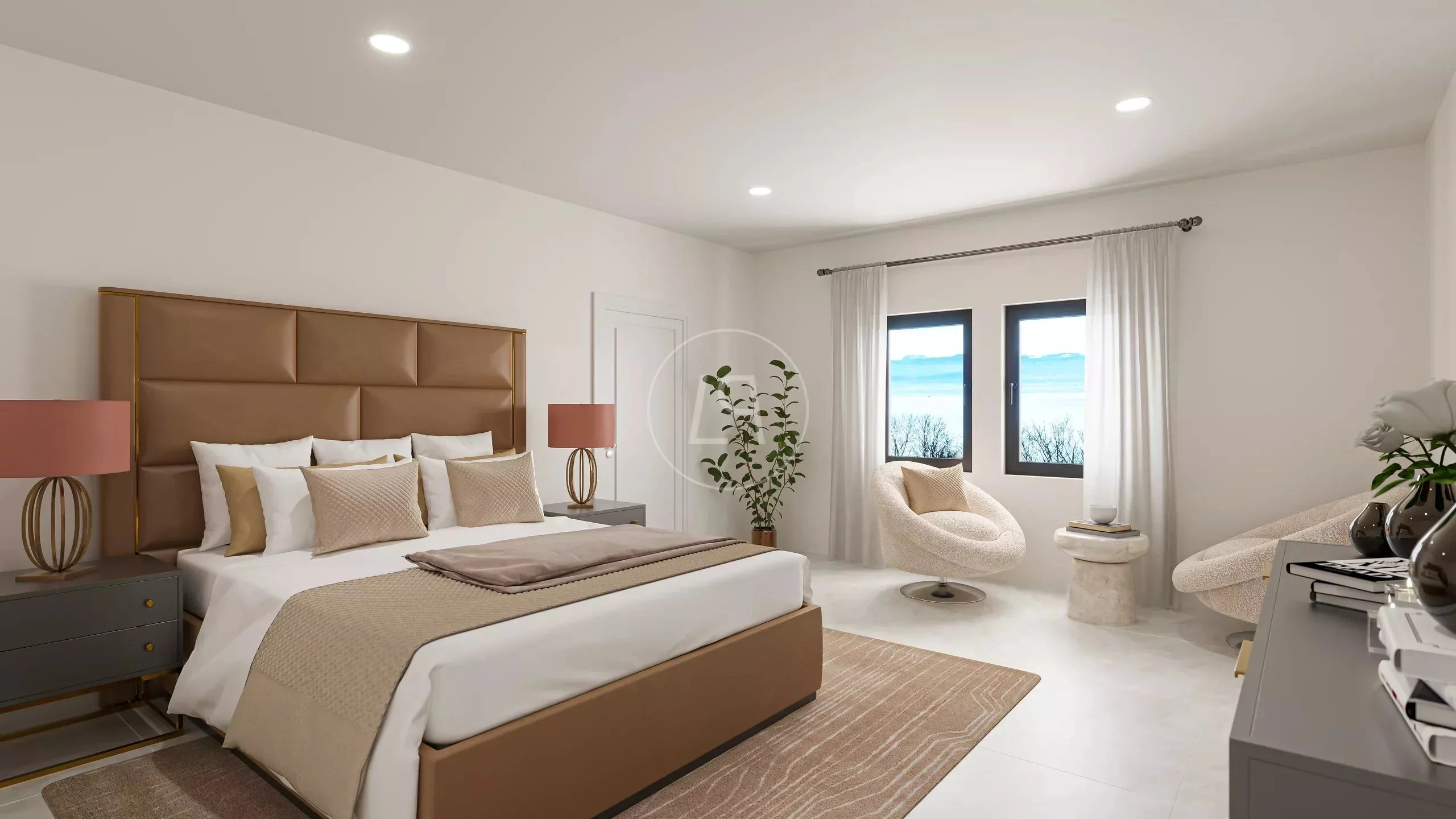 Helles, modern eingerichtetes Schlafzimmer mit Blick nach draußen