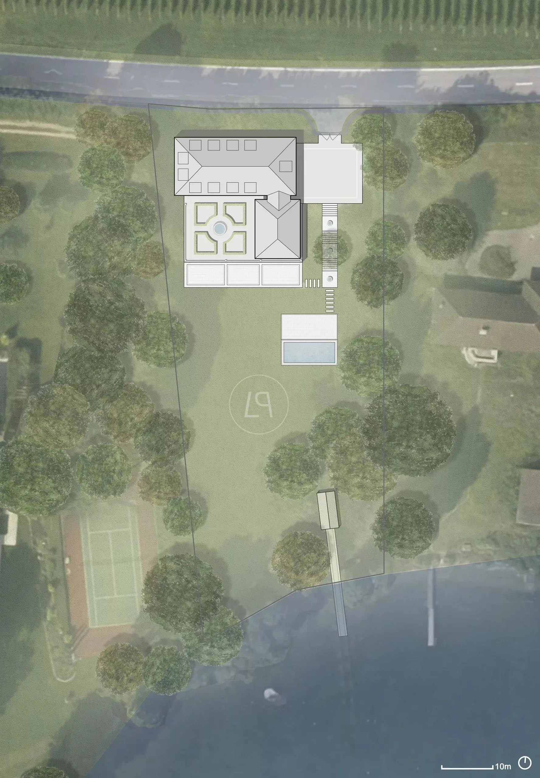 Lageplan einer Villa mit Grundstück und Sportplatz