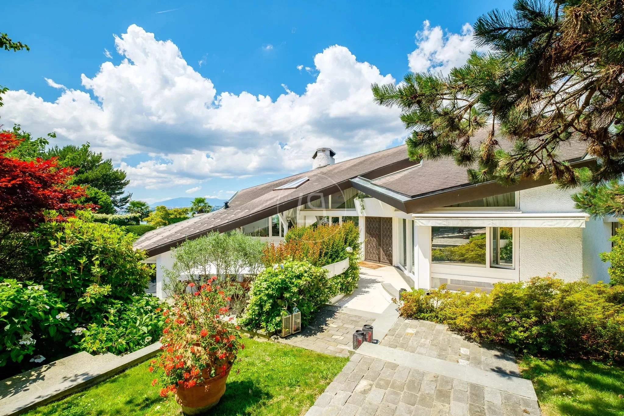 Modernes Einfamilienhaus mit Gartenansicht