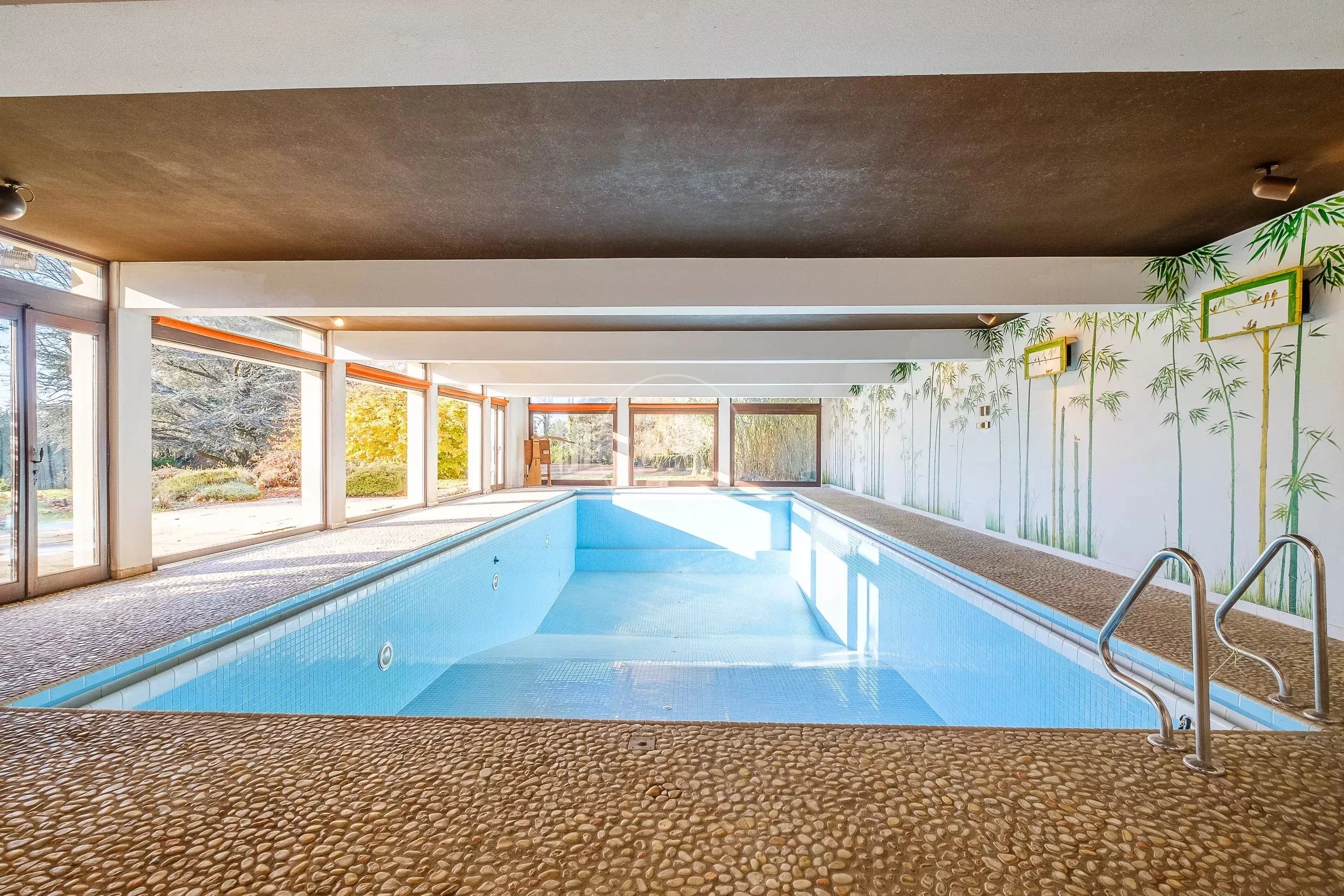 Innenpool mit Tageslicht und Gartenblick