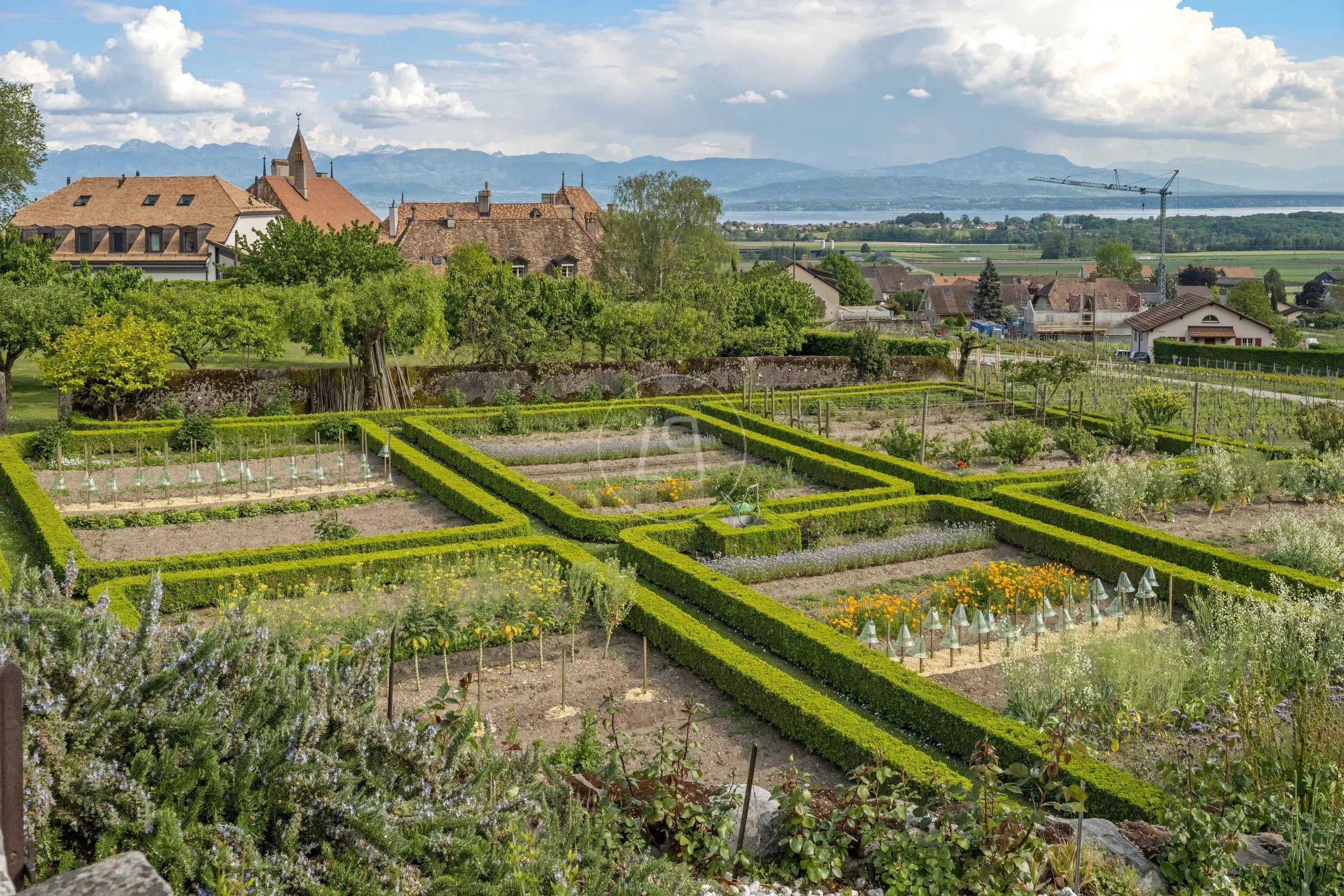 Blick auf einen geometrisch angelegten Garten mit Hecken und Seeblick