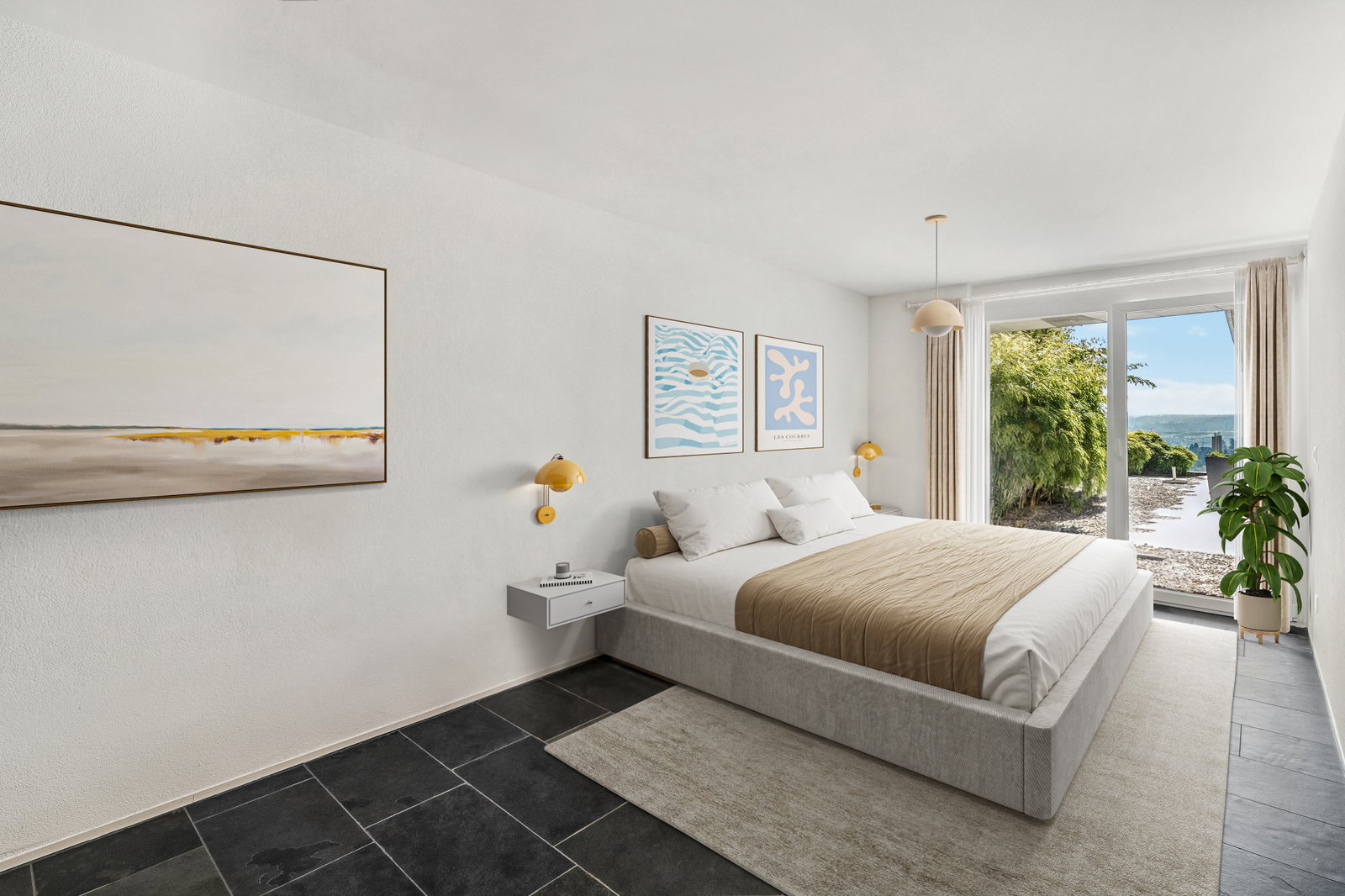 Modernes Schlafzimmer mit Blick ins Grüne