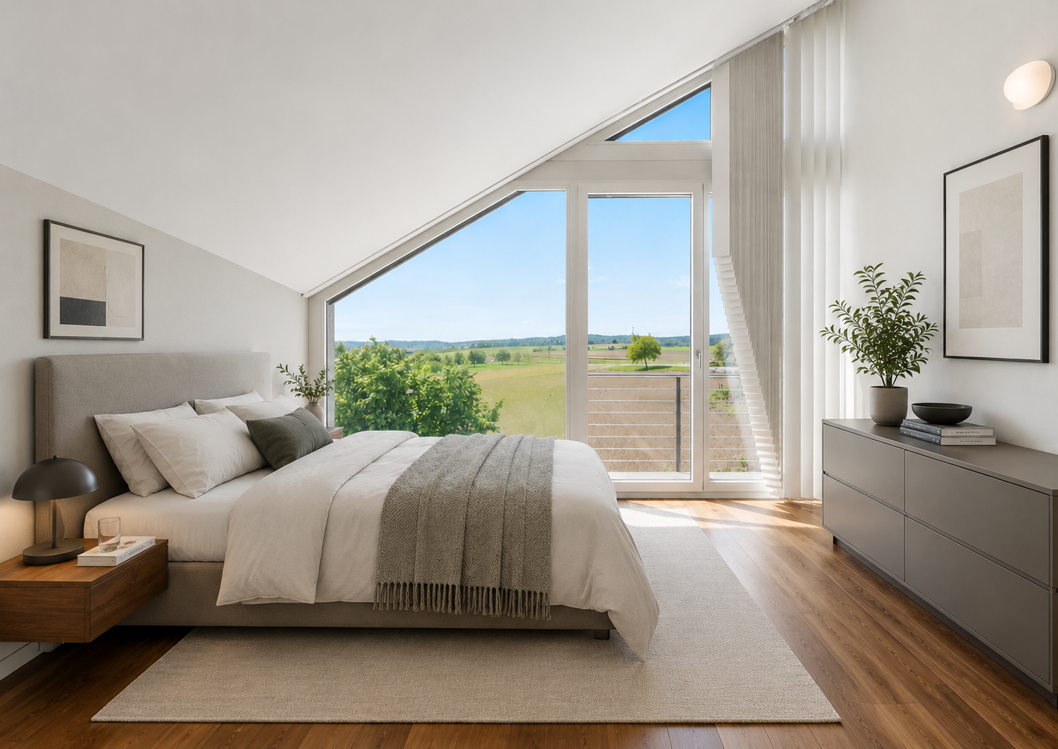 Helles Schlafzimmer mit Panoramablick