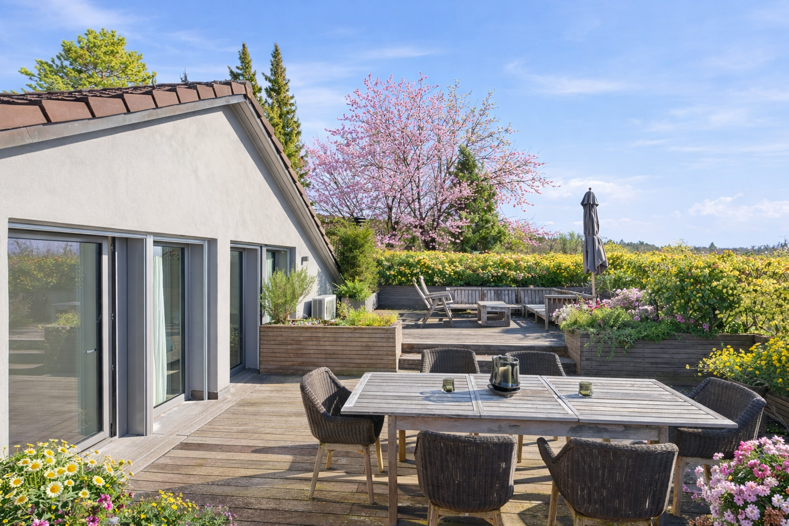 Terrasse mit Gartenmöbeln und Blumenbeeten