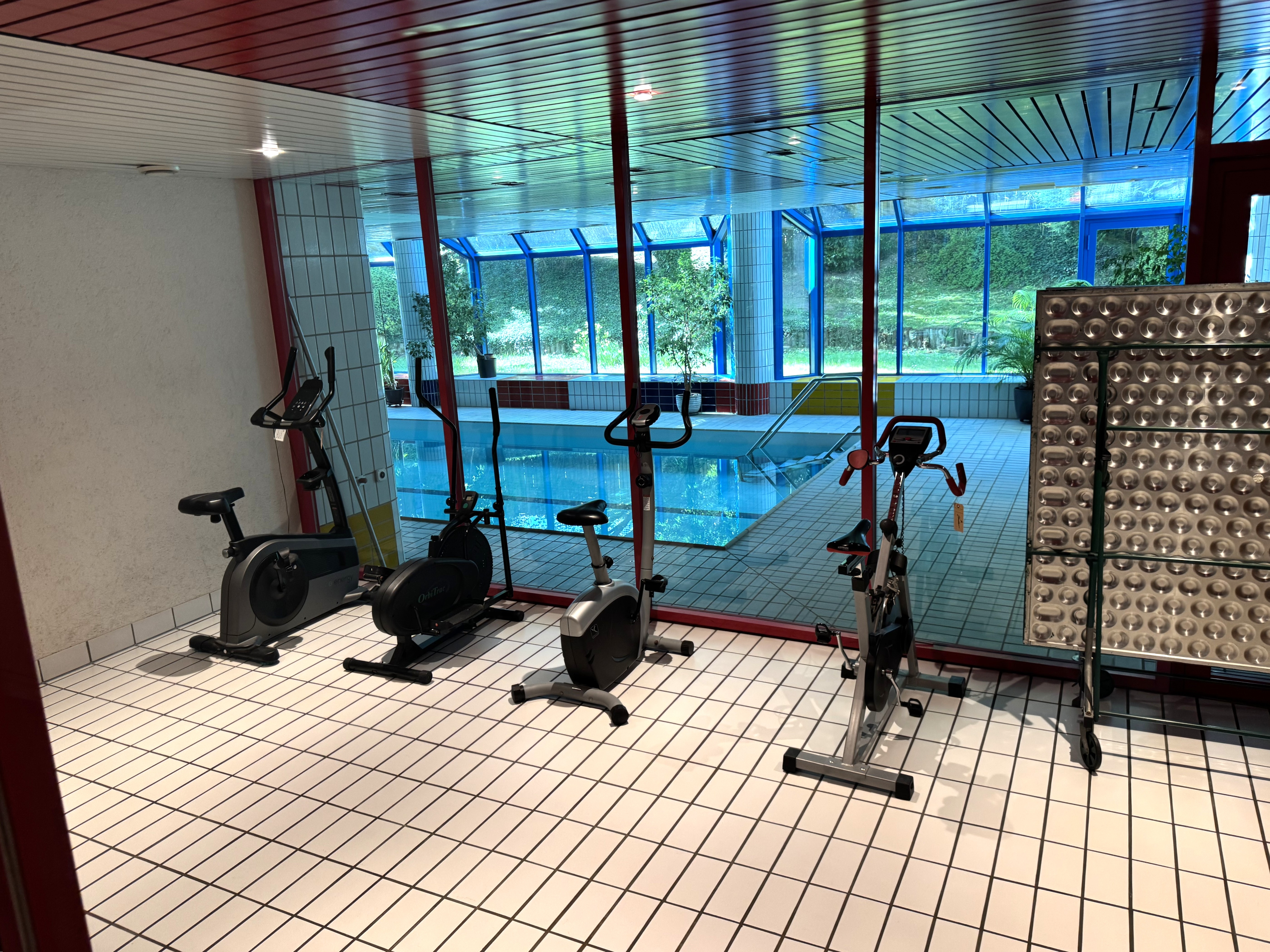 Innenbereich mit Pool und Fitnessraum